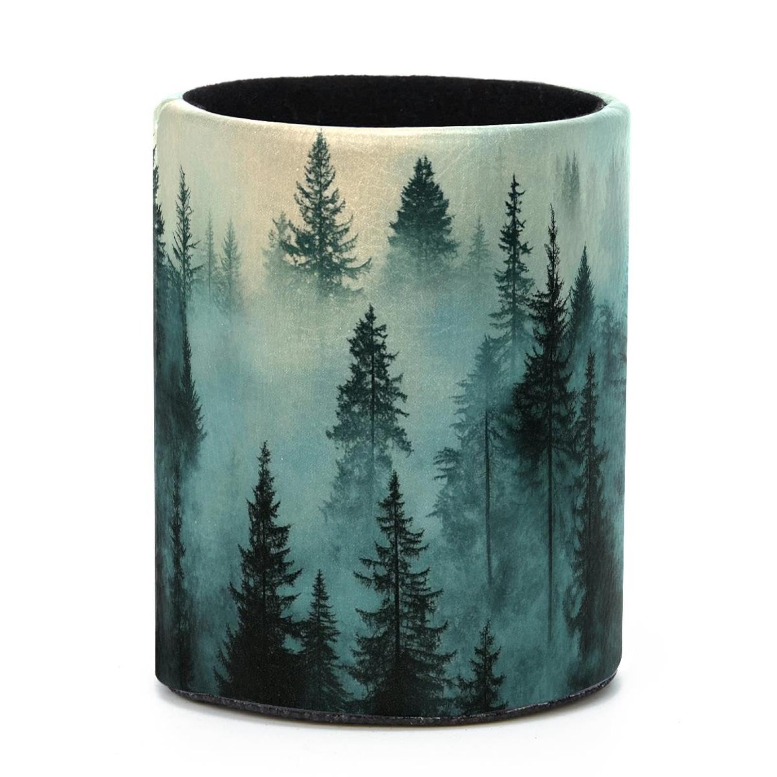VAPOKF Round Pencil Holders for Desk, Misty Pine Forest Pen Holders Pen Pot Makeup Brushes Storage Desktop Stationery Supplies Organiser for Home Office