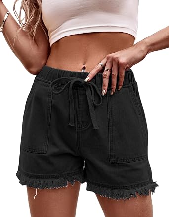Atditama Womens Frayed Denim Shorts Drawstring Stretch Washed Distressed Elastic Waist Mid High Rise Jean Shorts