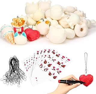 Random 50 Pcs Squishies to Paint DIY Kawaii Squishies Cream Scented Lovely Toy Making Squishy Painting Kit Bulk Squishies Mini Soft Tiny Toys with 50 Keychains Phone Straps and 80 Decorating Stickers