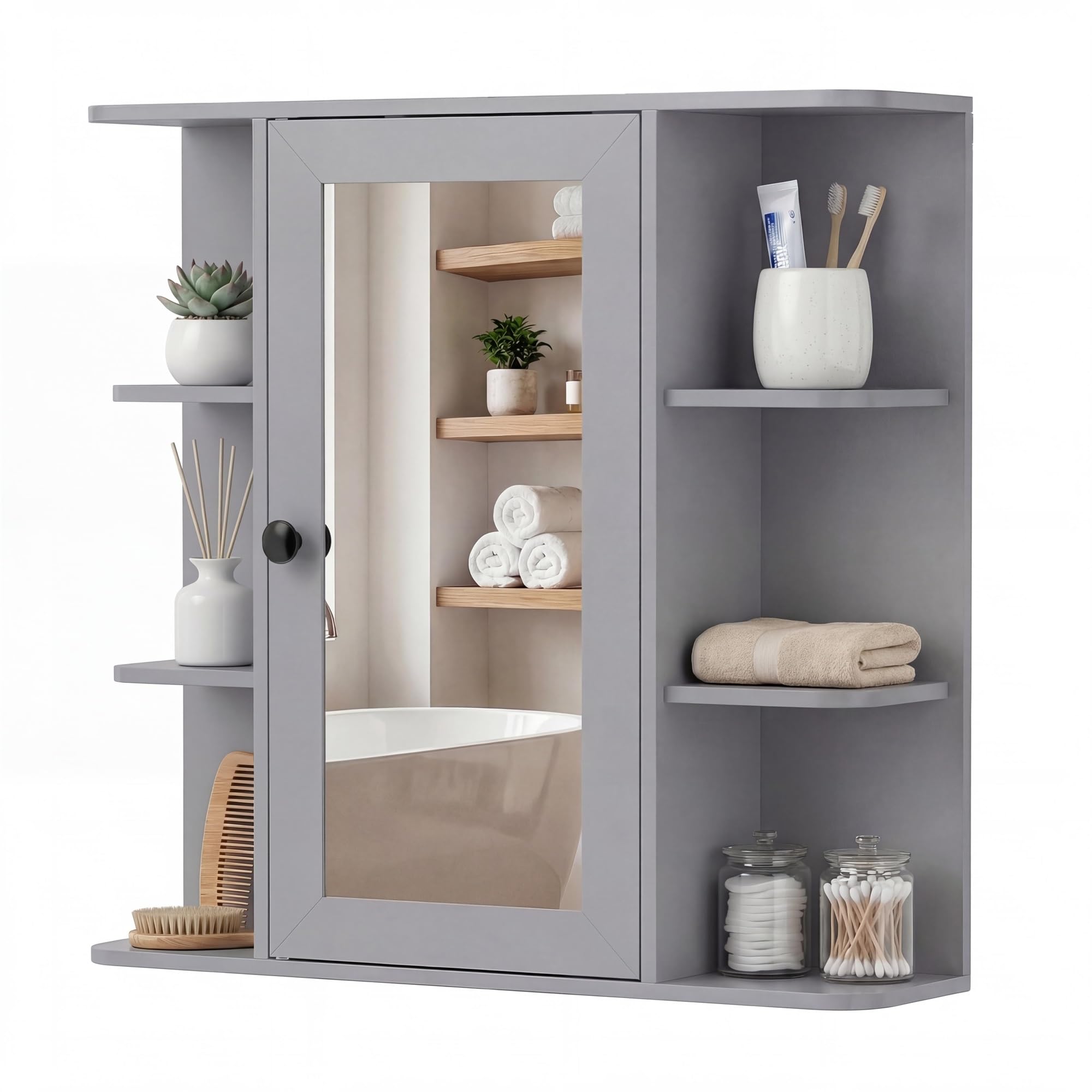 CASART Bathroom Mirror Cabinet, Wall Mounted Storage Cupboard with Single Door and Adjustable Shelves, Wooden Medicine Cabinet Display Organizer Unit for Kitchen Living Room (Grey, 66 x 16.5 x 63cm) — image 1