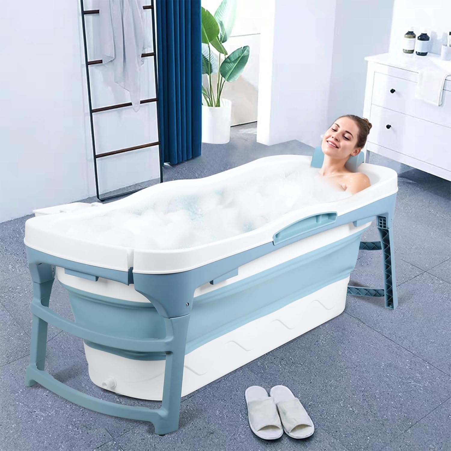 Portable Bathtub for Adult-56 inch Foldable Bathtub, Large Collapsible Tub, Freestanding Surround Collapsible Bathtub, Effortless Folding Bathtub, Ideal for Small Spaces Blue