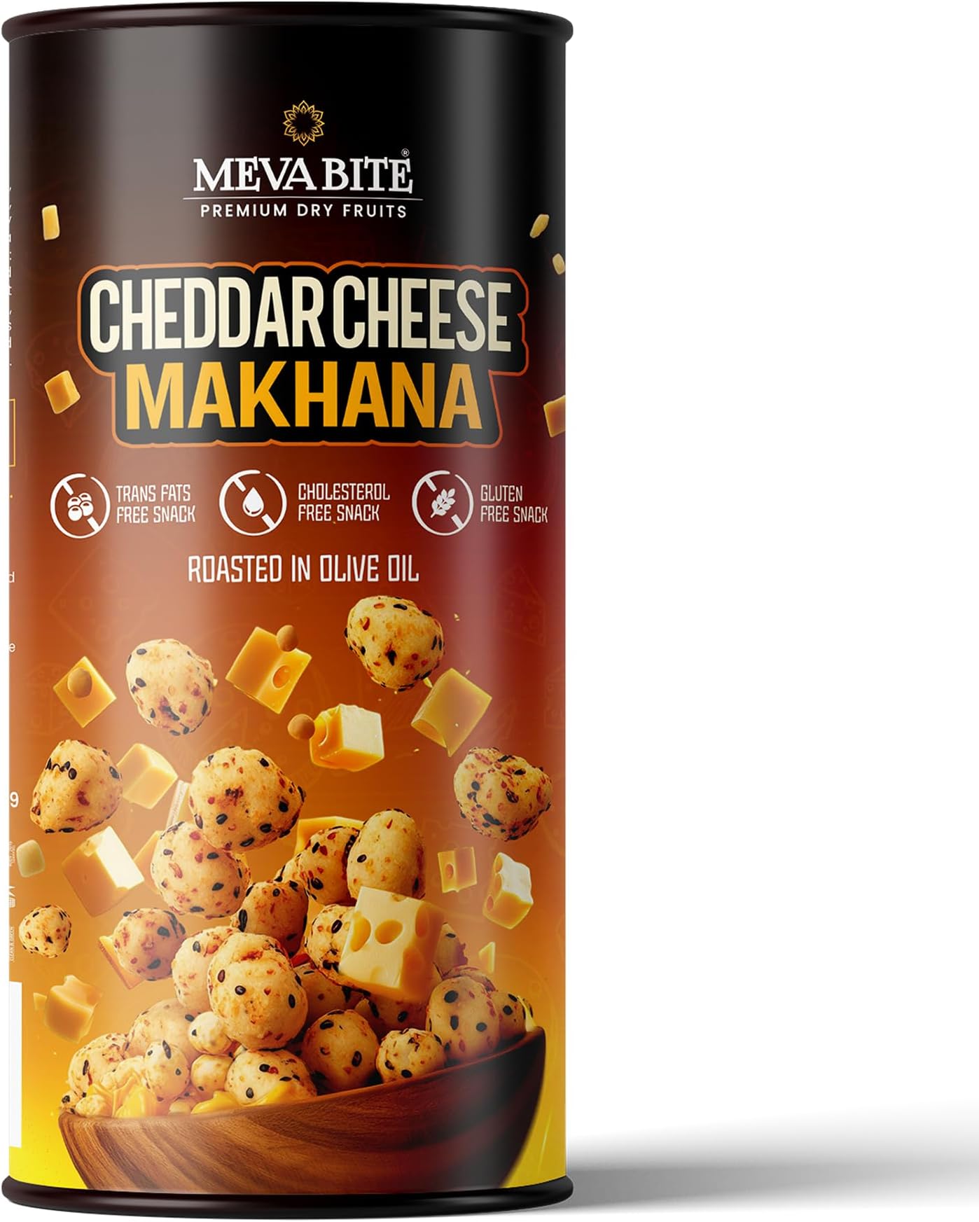 MevaBite Premium Roasted Cheddar Cheese Makhana – 80g Tin Jar | Handpicked Lotus Seeds | Rich & Savory Flavor | Light, Crunchy & Guilt-Free Snack | Gluten-Free | Low in Calories, Fat & Sodium | No Cholesterol or Trans Fats | Perfect for Healthy Snacking Anytime