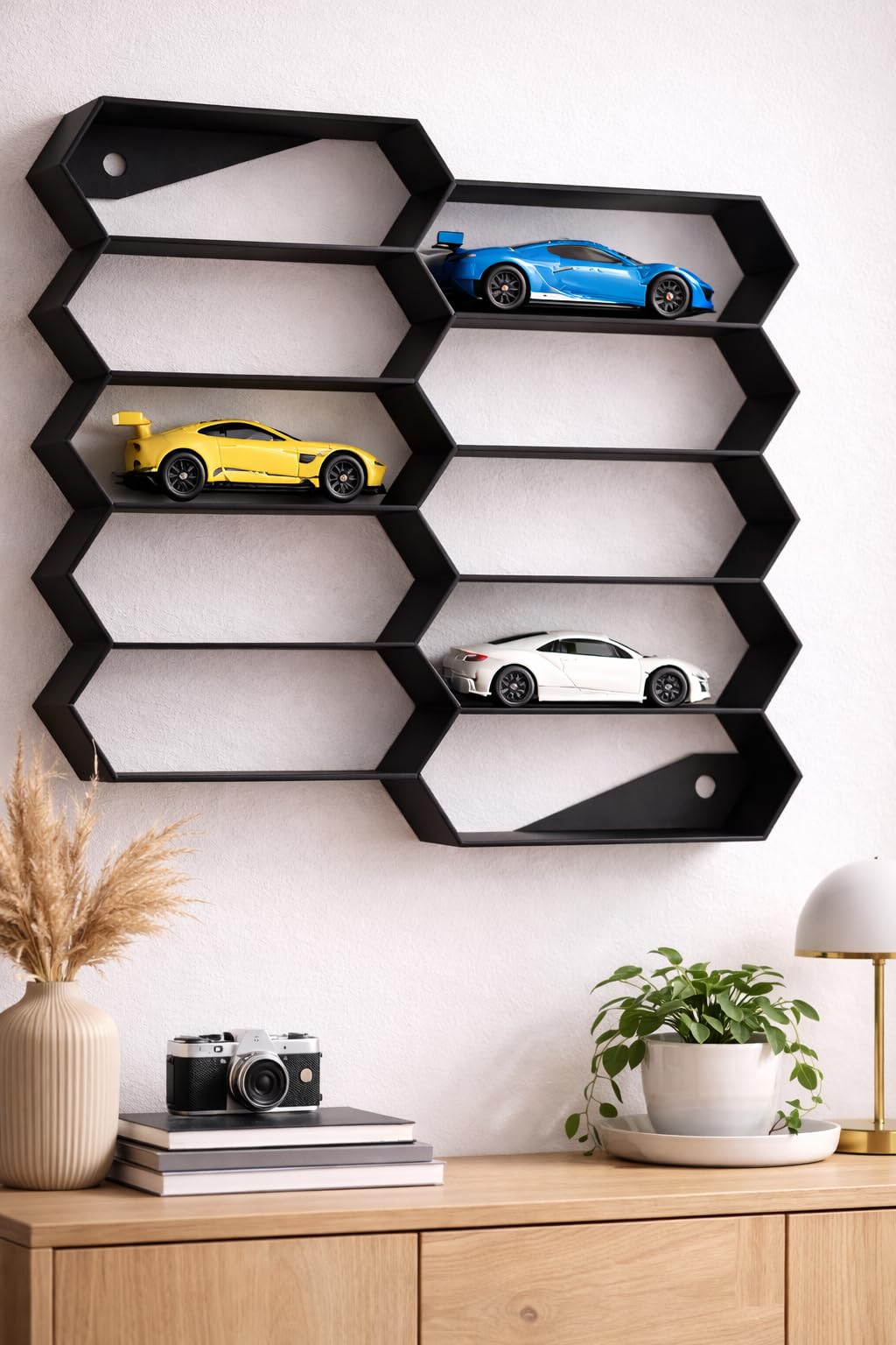 10-Car Hexagon Wall Rack Compatible with Hot Wheels Stand & 1:64 Die-Cast Cars | Stackable Wall Car Display Organizer with Side Guards & Screw Slot | Home & Office Decor (NO CAR INCLUDED)-image-16