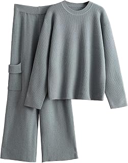 Women's Two Piece Outfits Sweater Sets Crewneck Long Sleeve Knit Pullover Tops Cargo Wide Leg Pants Fall Lounge Set