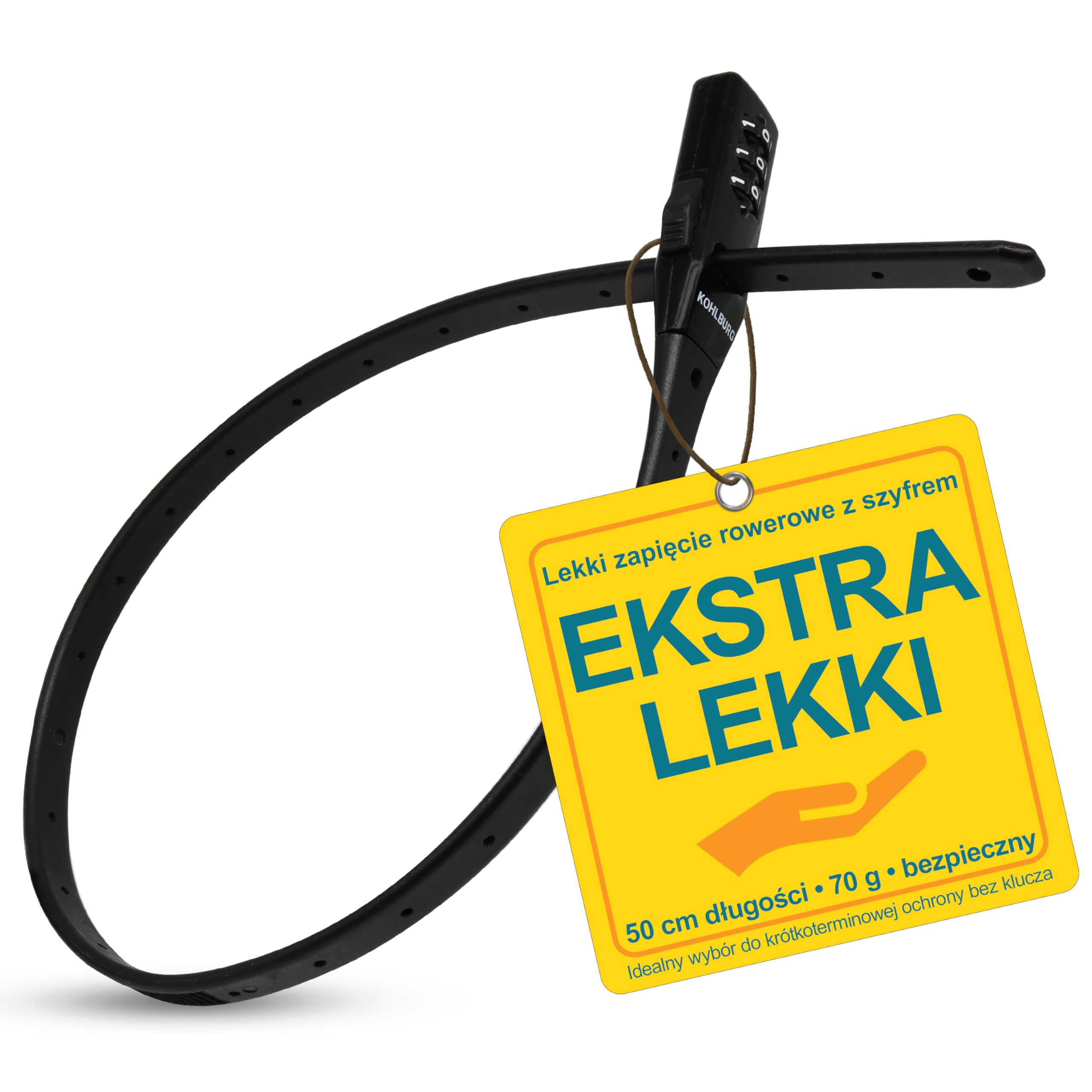 KOHLBURG zamek szyfrowy, 70 g, 50 cm | Wyjątkowo lekki, mały, bezpieczny, typu opaska zaciskowa do rowerów, hulajnóg, skuterów, kasków, nart, dla dzieci