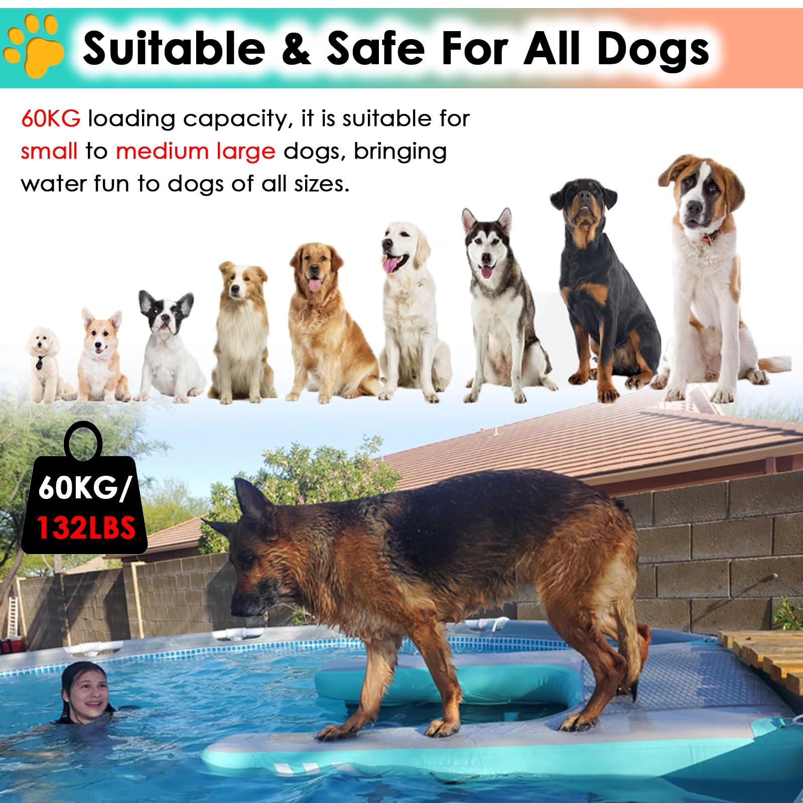 caletta per cani da barca Rampa antiscivolo per piscina per cani per cani fino a 60 kg, pieghevole rampa per barca per cani/ gonfiabile piattaforma di attracco per lago/fiume/ spiaggia/ mare, con pomp