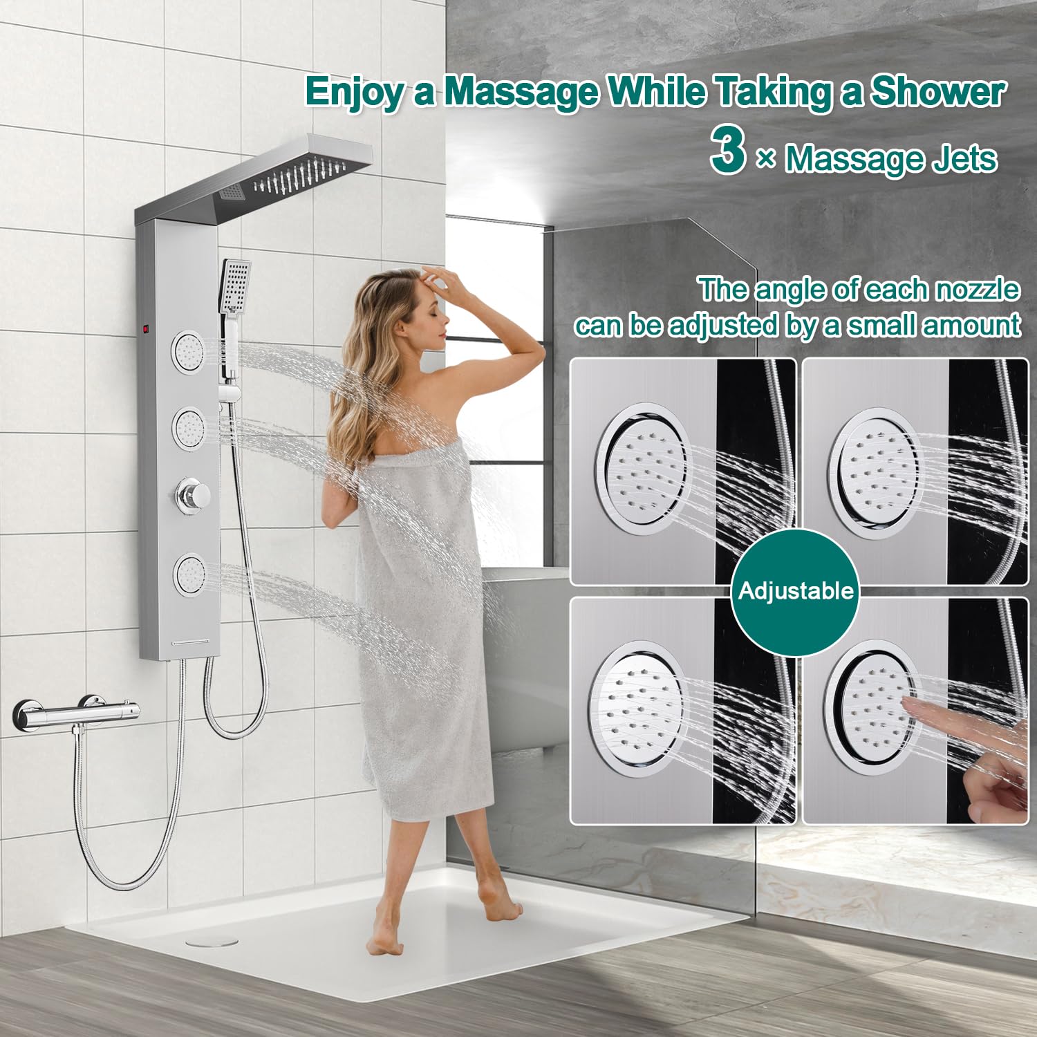 ROVOGO LED Duschpaneel ohne Armatur, Duschsäule mit 4 Funktionen, Regendusche ohne Armatur, Massagedusche, Handbrause und Wanneneinlauf für Badezimmer Dusche, Schmal Duschsäule Edelstahl Gebürstet