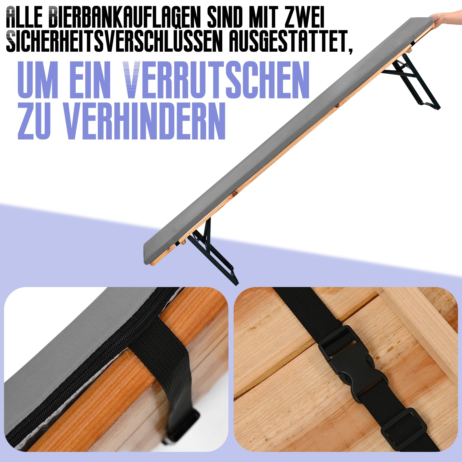 2er-Pack 220x25x3cm XL waschbar Bierbankauflage Gepolstert und 1 Packung 250x100cm Rechteck Polyester Bier Tischdecken für Party Outdoor & Indoor Gebrauch (Hellgrau,Wasserdicht)