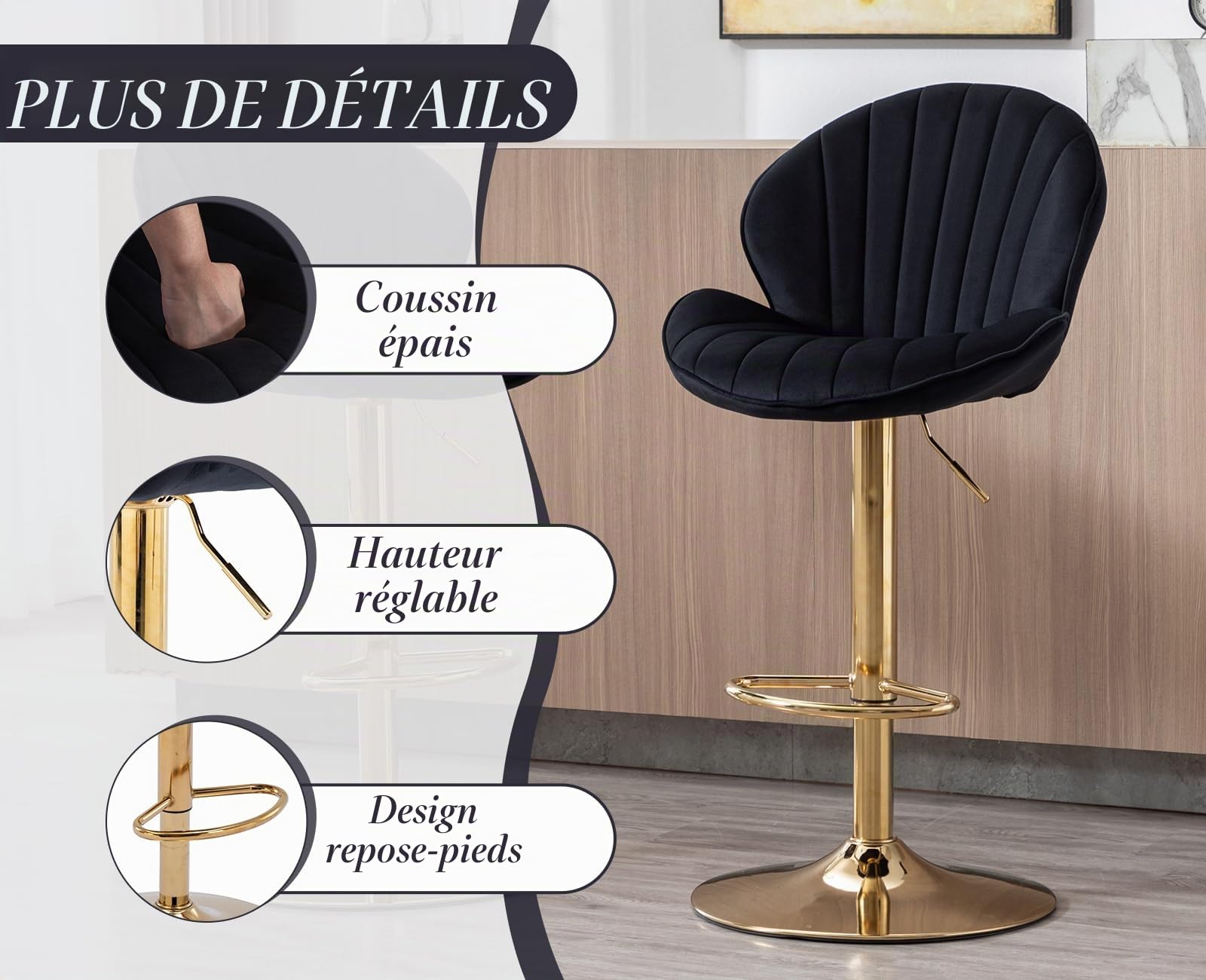 Ya-Home Tabourets de Bar Pivotants en Velours Lot de 2, Moir | Chaise Bar avec Repose-Pied, Tabouret Haut Cuisine avec Dossier,Chaise Haute Pied Dorée pour Cuisine/Bar/Îlot Central