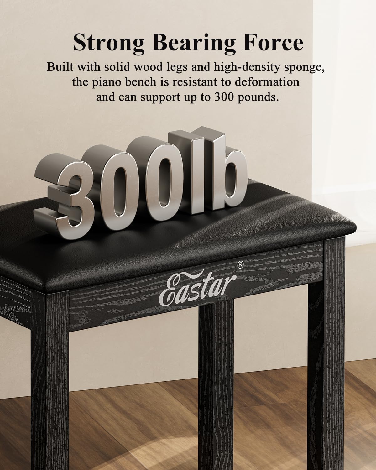 Eastar Banco para Piano con Almacenamiento, Banco de Madera Maciza para Teclado, Taburete para Piano con librería y cojín de Cuero sintético, 53x33x47cm, Negro