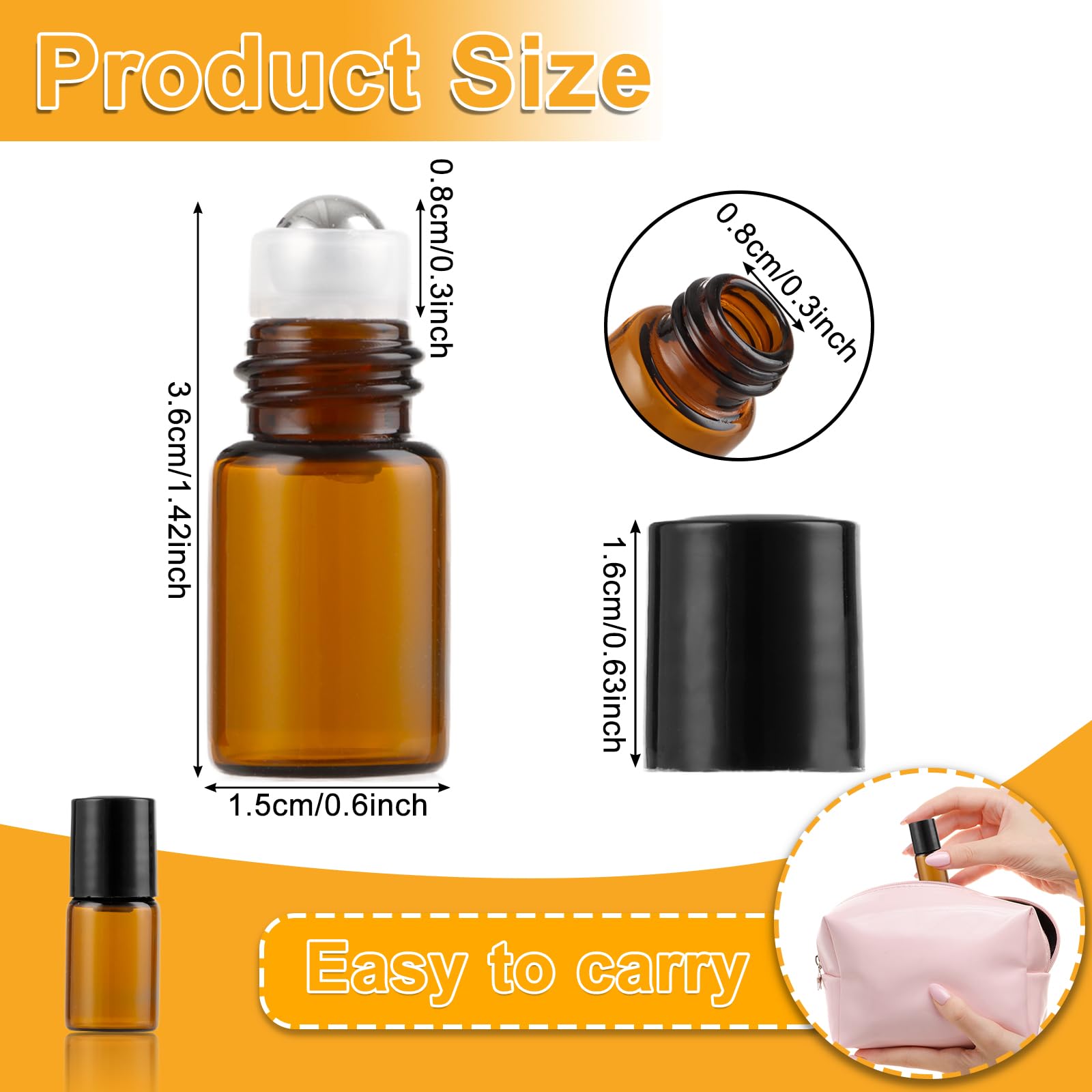 50 Bottigliette Roll-On Per Oli Essenziali - Vetro Scuro Con Sfera In Acciaio Inox - Ideale Per Aromaterapia E Massaggi - Foto 3