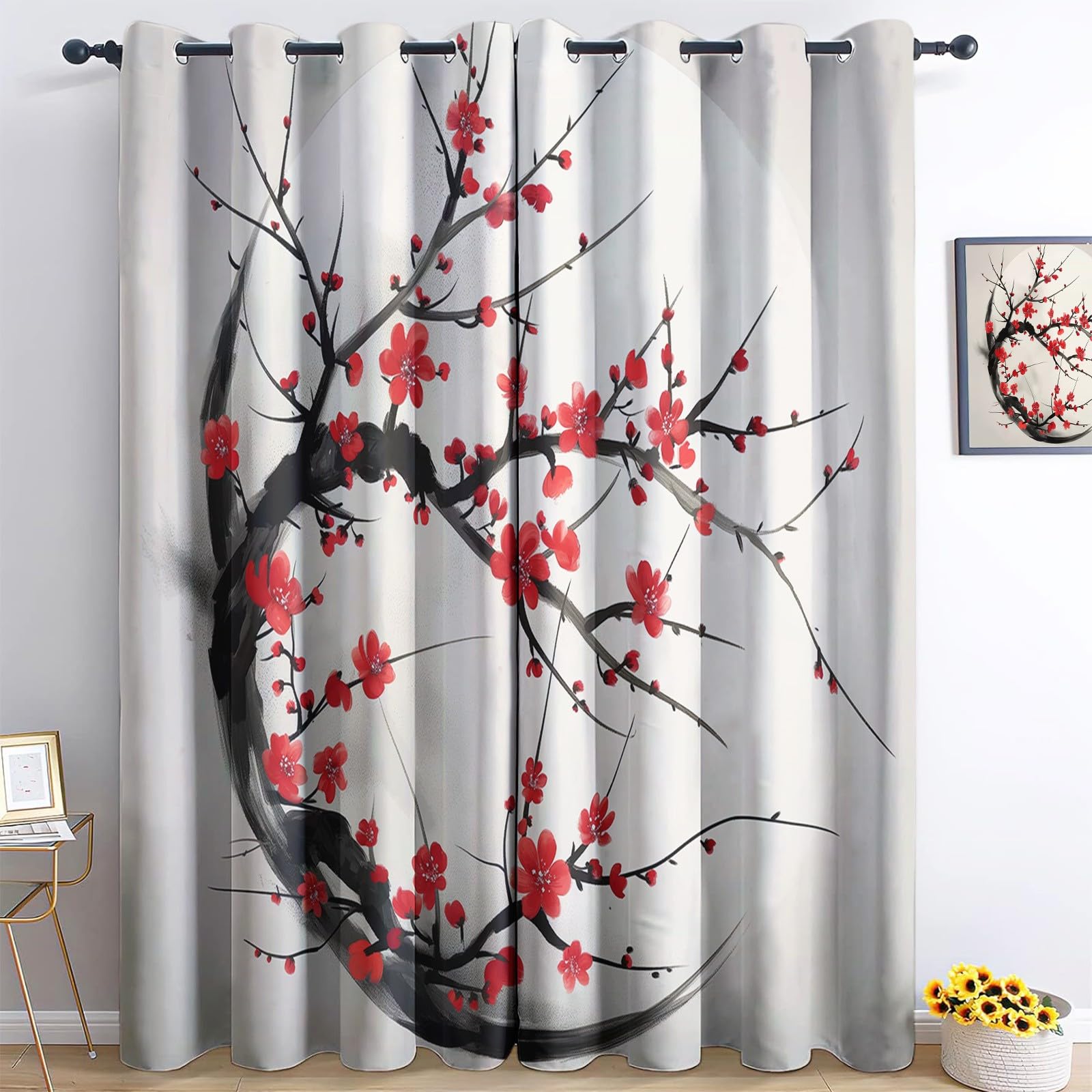 XCQHZYQ Cortinas Opacas 2 Piezas Estilo Chino Flor De Ciruelo Pintura En Tinta Cortinas Salon Cortinas Termicas aislantes Frio y Calor con Ojales para Cocina Habitacion Infantil Dormitorio2x75x166 cm