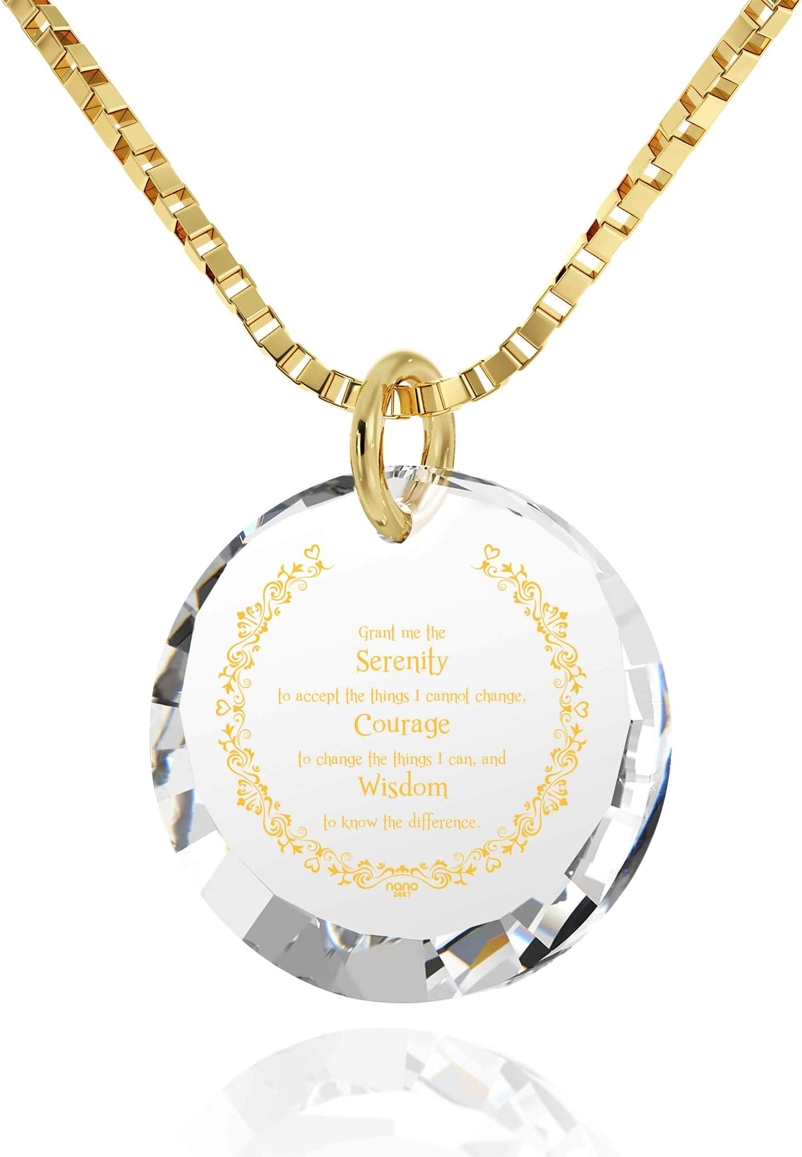 NanoStyle Serenity Prayer Necklace Inspirational Pendant Inscribed in 24k Gold on Round CZ, 18" Gold Filled Chain