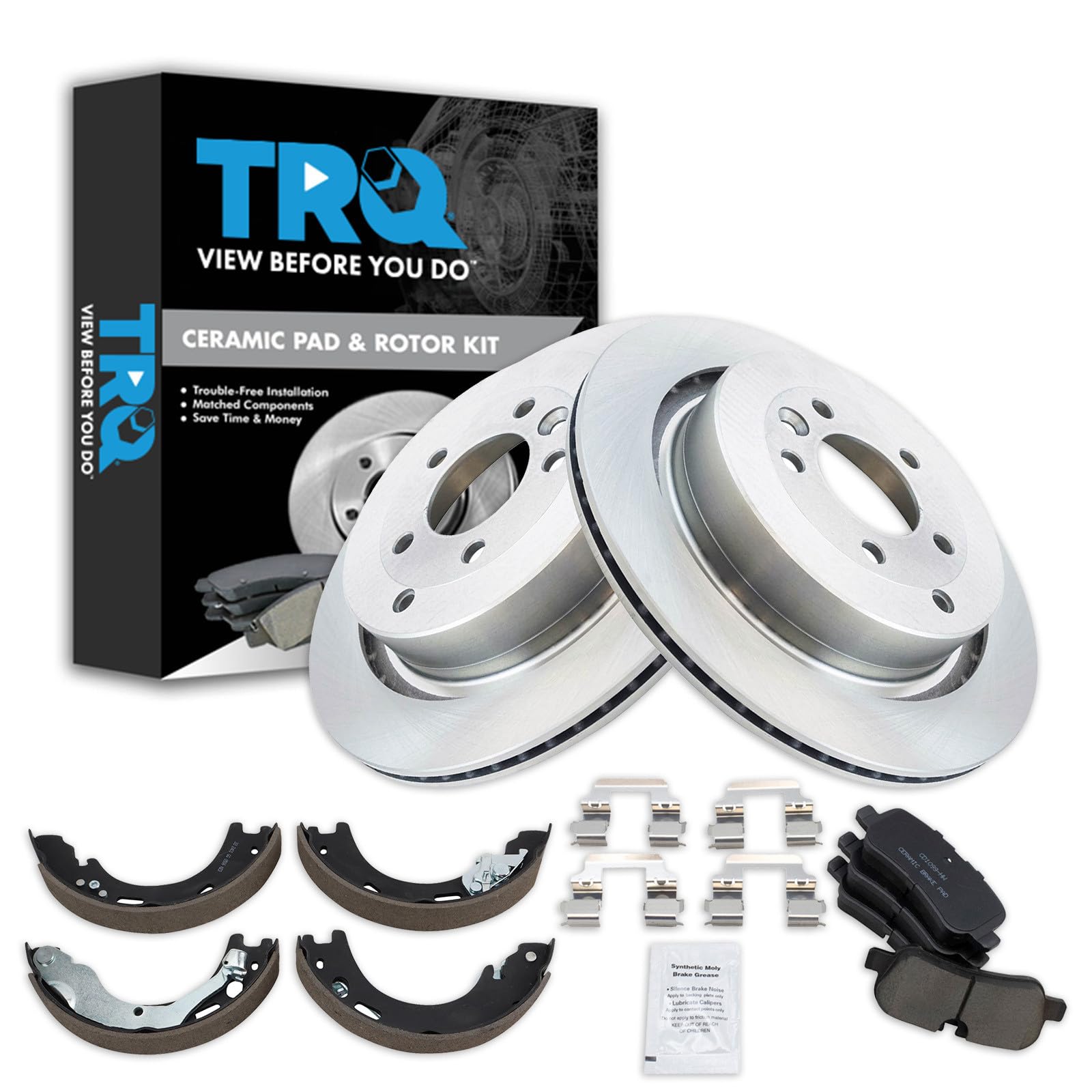 TRQ Rear Brake Pad and Rotor Set Ceramic Parking Shoe Compatible with 2005-2006 Land Rover LR3 2006 Range Rover Sport