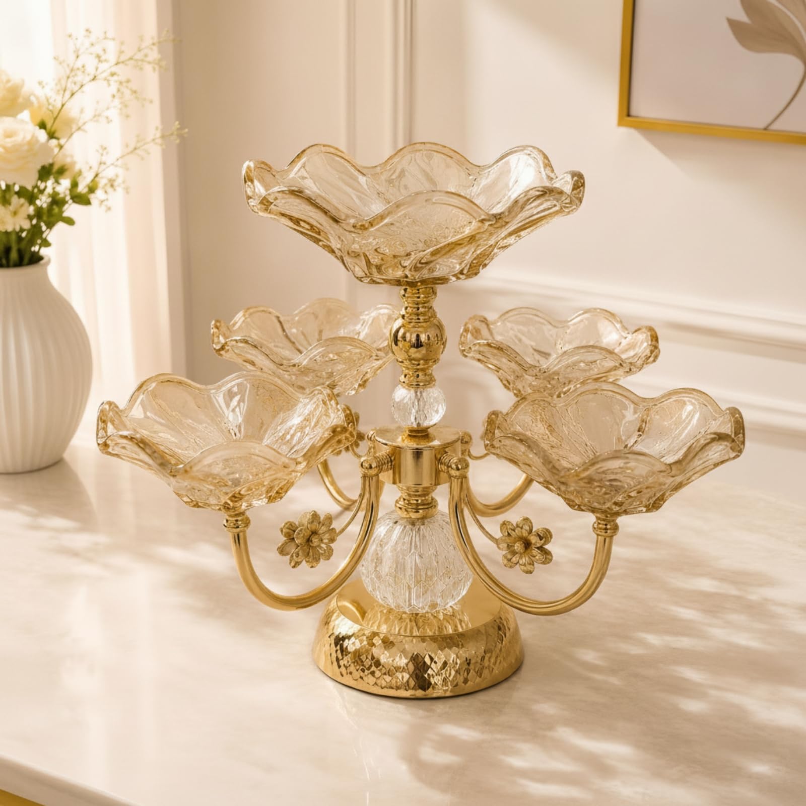Présentoir à Fruits à Étages Doré Coupe à Fruits En Verre Plat à Apéritifs pour Buffet, Petit Φ200mm