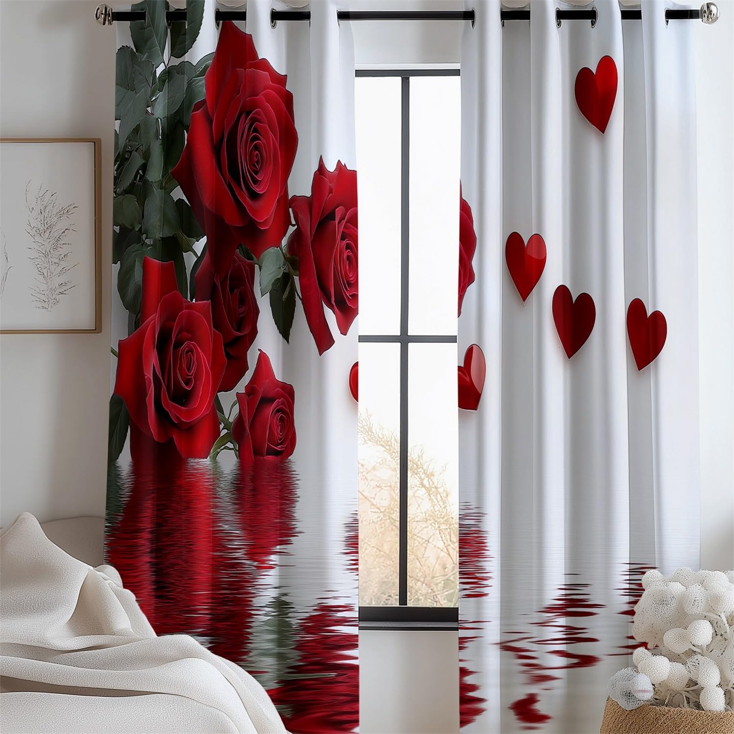 Cortinas Salon 3D Flores Rosas Forma De Corazón Estampadas Cortinas Opacas Termicas Aislantes Frio Y Calor para Habitacion Dormitorio Rojo Decoración De La Ventana 140An x 280Al cm (2 Paneles)