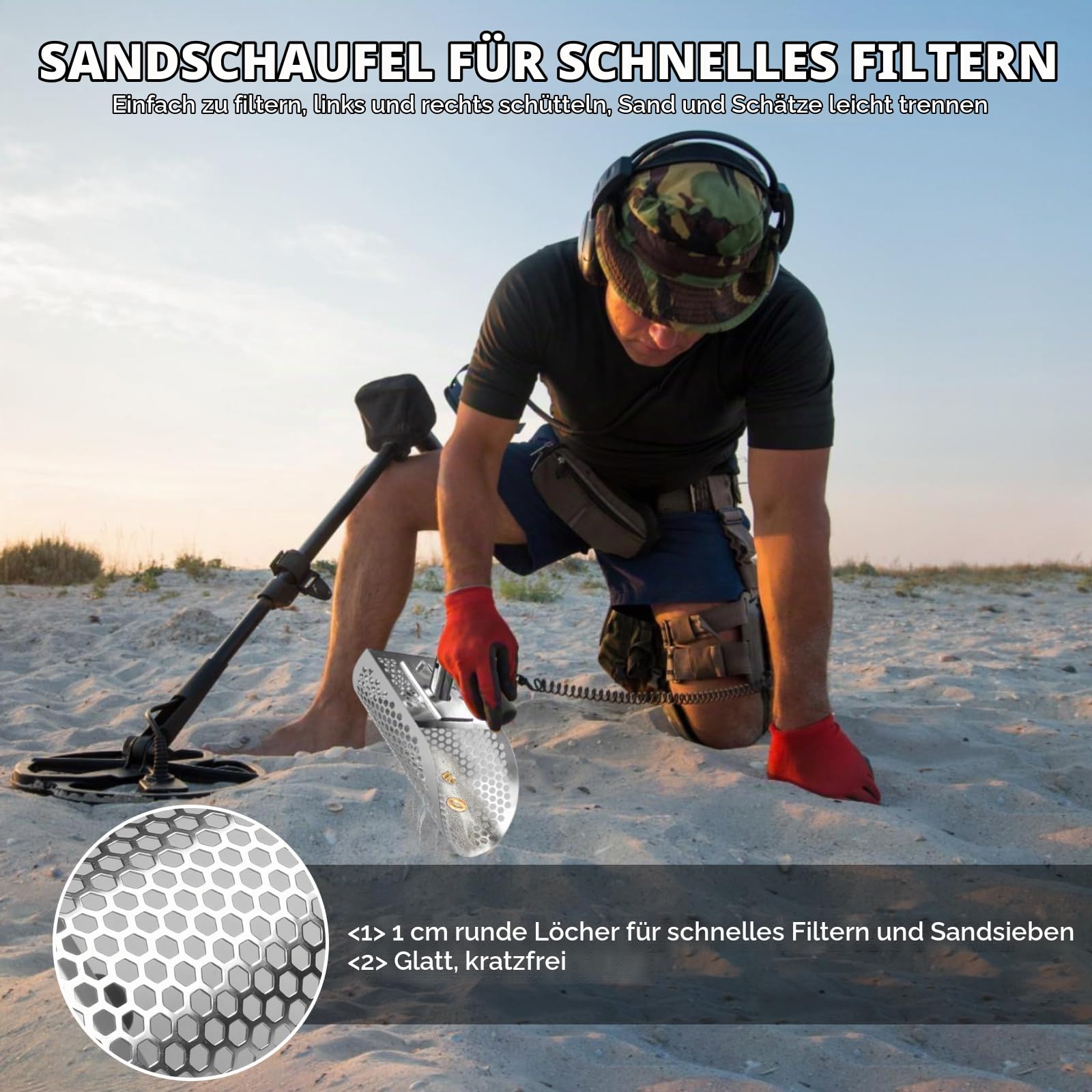 Sandschaufel Edelstahl für Metalldetektor, 114 CM Langer Griff Abnehmbare Metalldetektor-Schaufel - Schwerlast, Rostfrei Rostfrei Sandflohharke für Sand Sichtung, Schatzsuche, Unterwasser-Suche