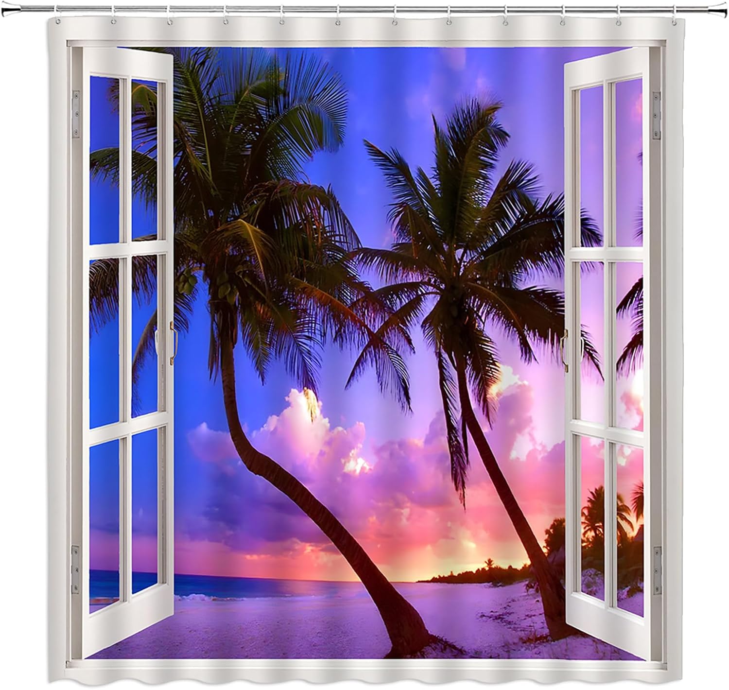 Ocean Beach Palm Tree Shower Curtain Summer Tropical Palm Tree Sunset Sea Coastal Seaside Purple Nature Landscape Fabric Bathroom Decor Curtain with Hooks