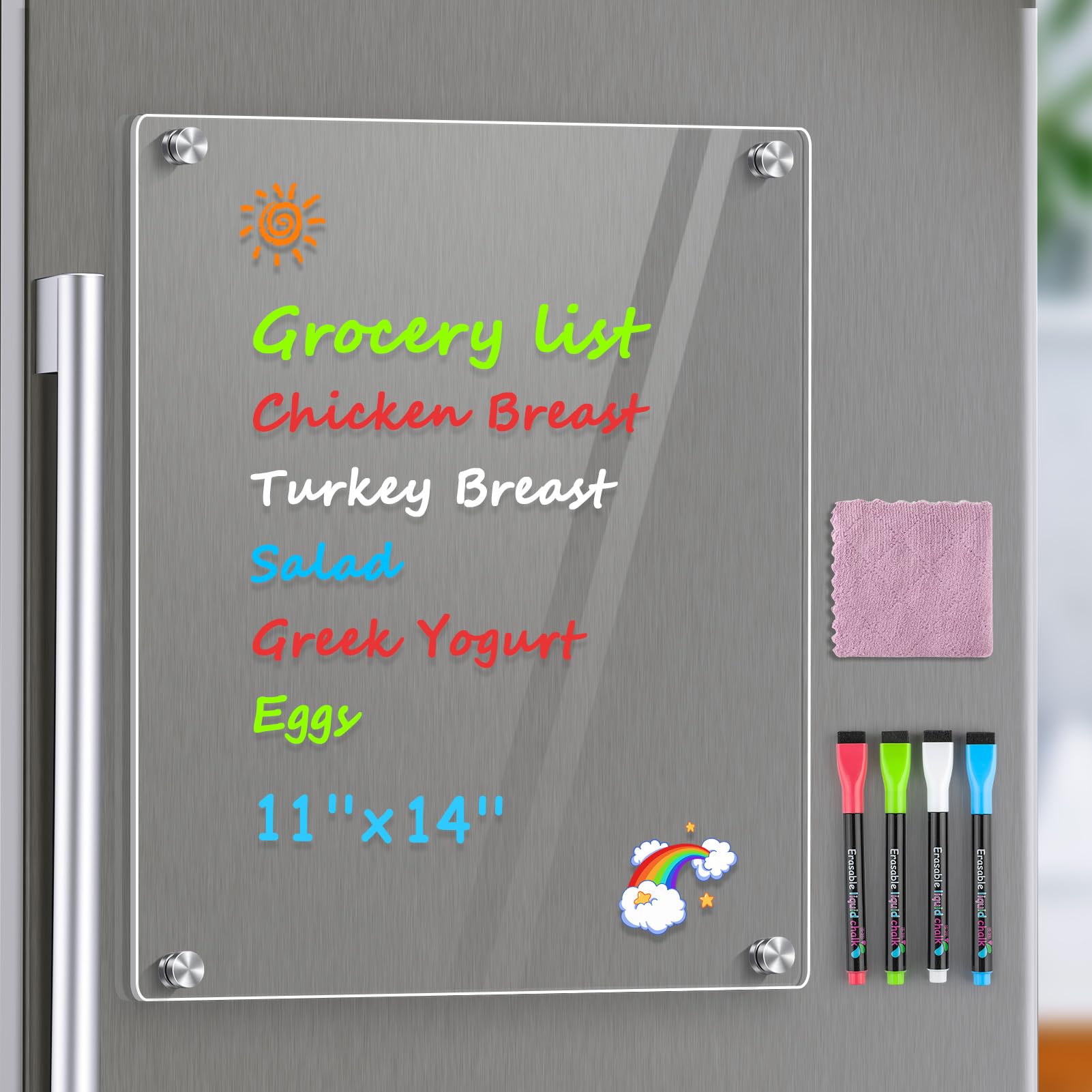MaxGear 11"x14" Acrylic Magnetic Whiteboard for Fridge, Small Clear Refrigerator Dry Erase Board with 4 Markers and 1 Cloth, Smooth Writing and Easy