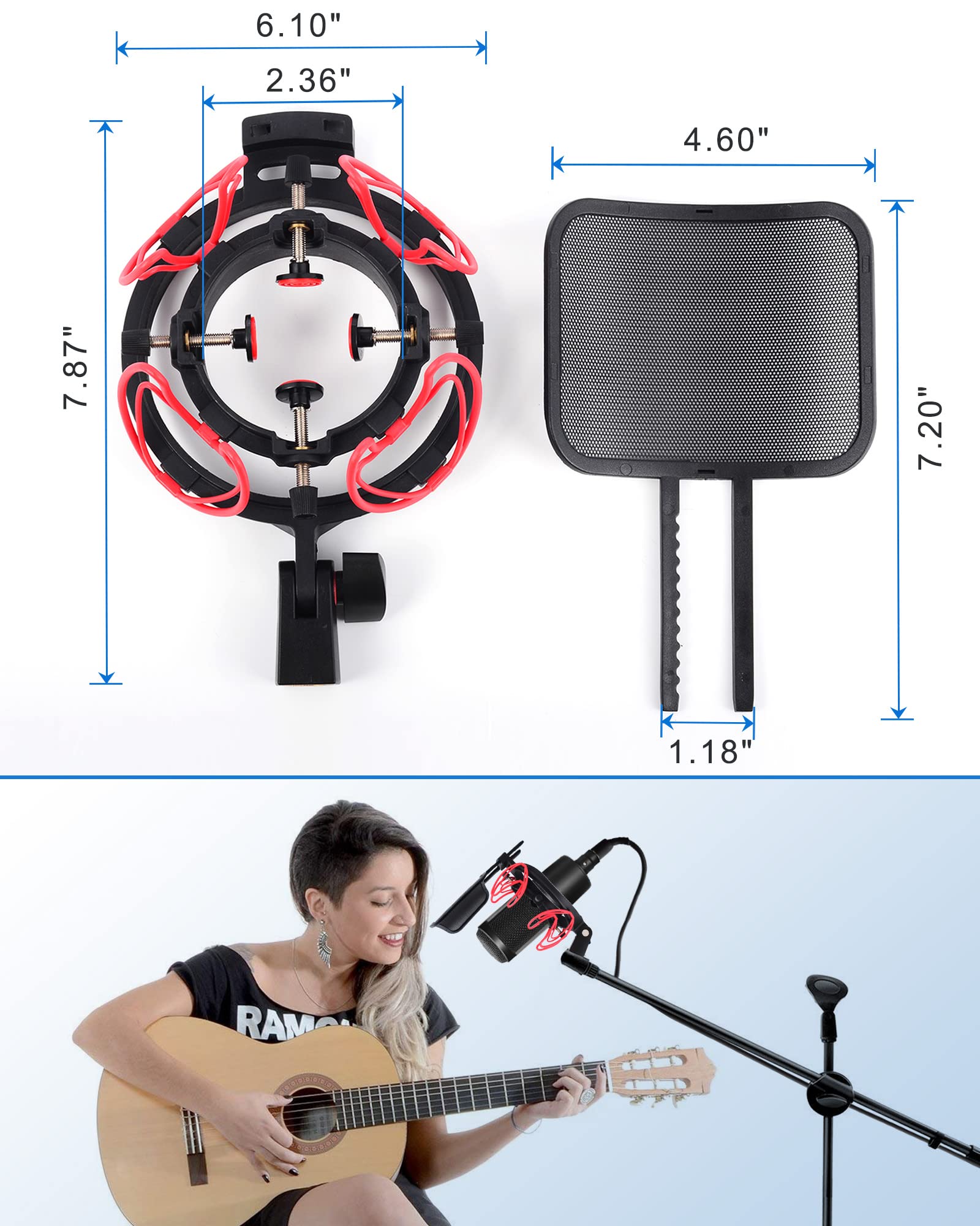 SUUNTOK Microphone Shock Mount with Pop Filter Universal Shock Stand for Microphones Size at 21-62mm Anti-Vibration Mic Holder Clip Compatible with AT2020 MXL 990 770 Rode NT1-A Neumann 103(Red) - Image 5