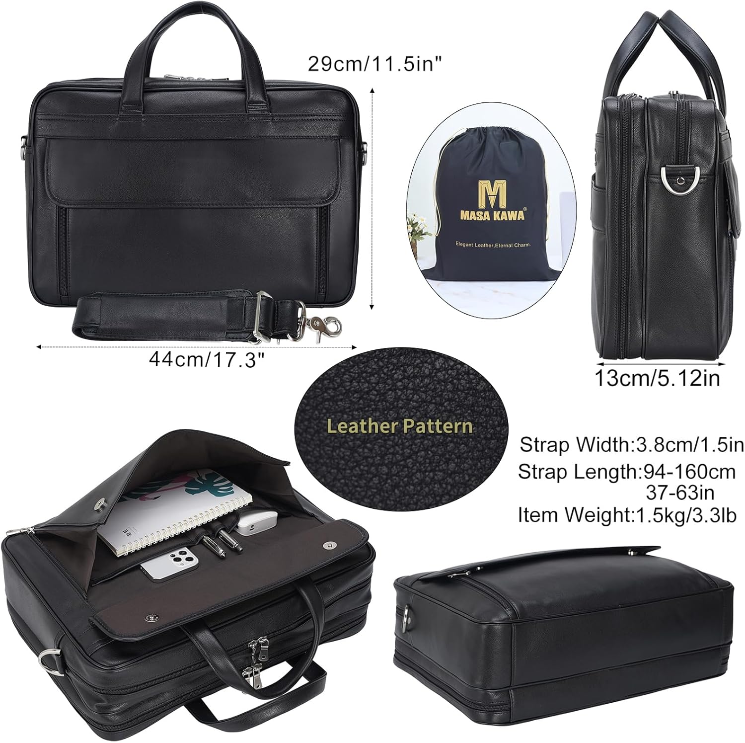 Masa Kawa Leather Briefcase for Men 15.6", 17" Laptop Computer Case Business Travel Work Messenger Cross Body Shoulder Bag - Image 4