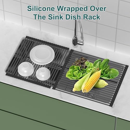 Miniatura 3 de Escurridor de platos enrollable, envuelto de silicona sobre el fregadero, escurridor de platos plegable multiusos con revestimiento antideslizante