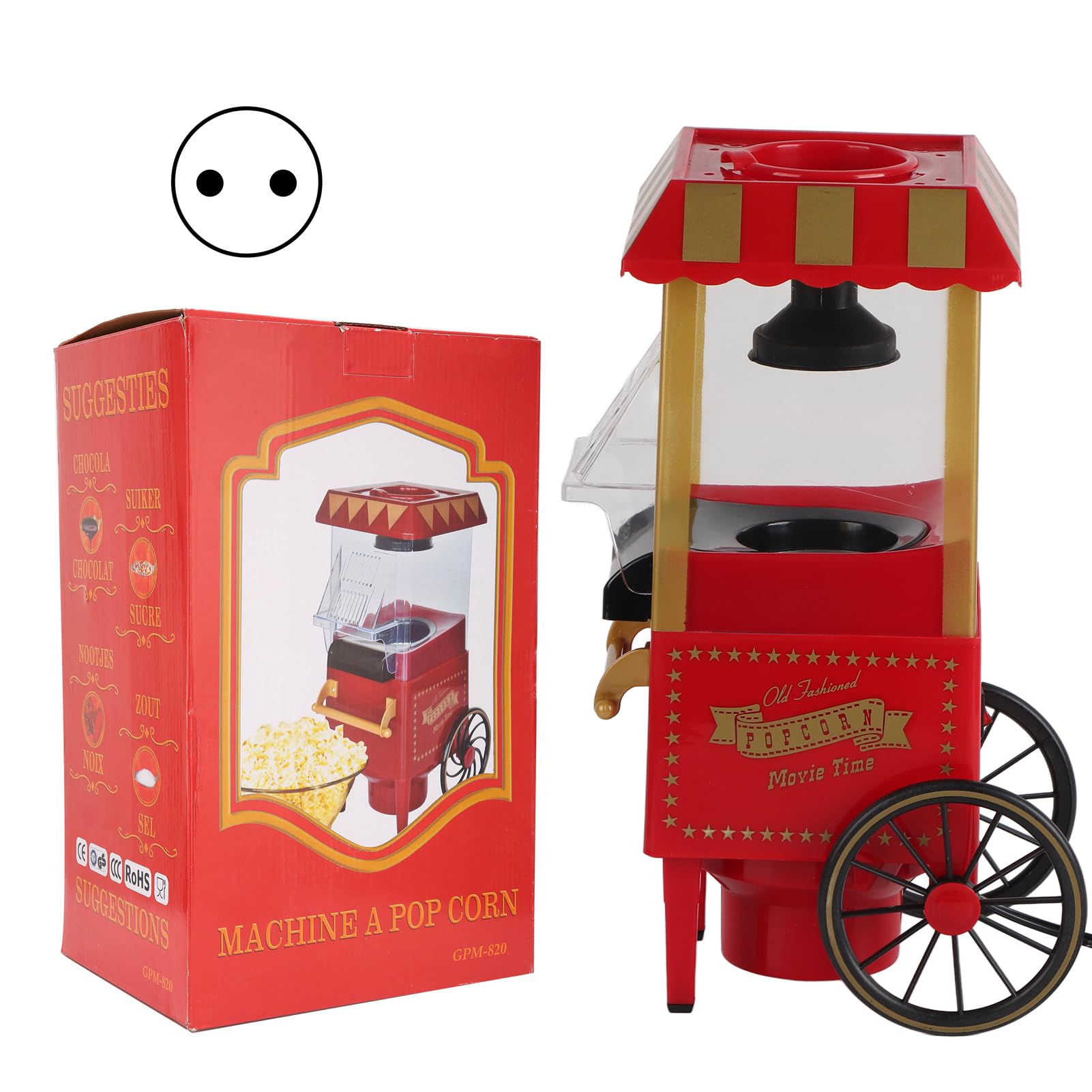 Macchina per Popcorn Rossa retrò, Macchina per Popcorn Ad Aria Calda, 1200 W, Sana, Senza Olio, a Basso Contenuto Calorico, con Coperchio Superiore Staccabile, per Feste di (Spina europea