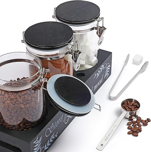 Miniatura 3 de Recipientes de café de vidrio con tapa de bambú con abrazadera de bloqueo hermético, almacenamiento de granos de café de 3 x 45 onzas con estante y