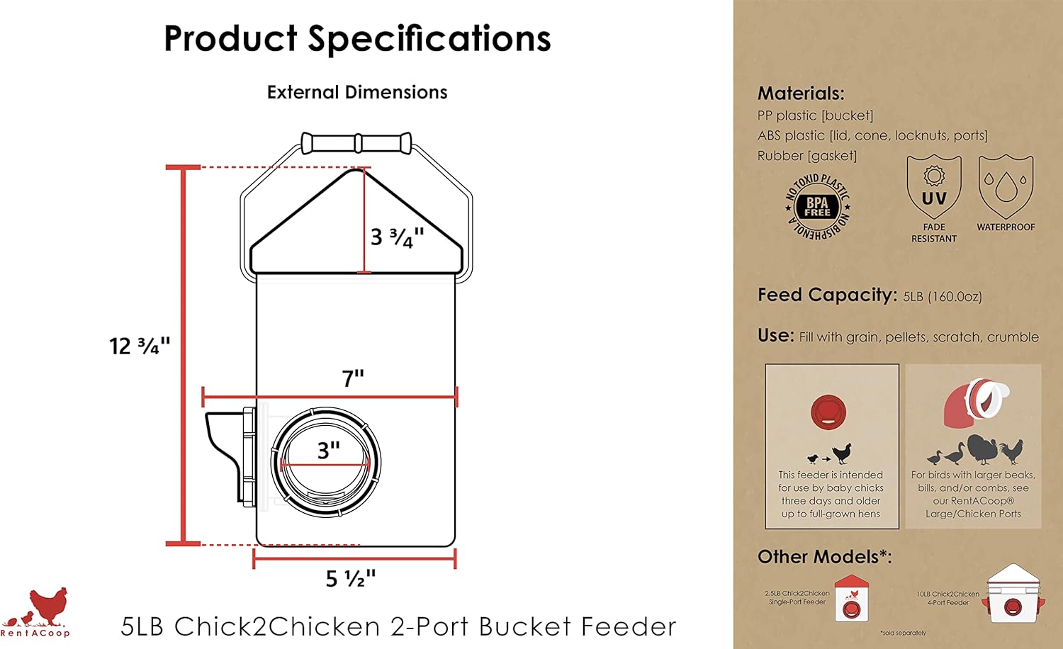 RentACoop Chick2Chicken 5lb 2-Port Feeder - Includes Anti-Roost Lid and Slider Port Covers - Suitable for Quail, Pigeons, Doves, Chicks, and Adult Chickens