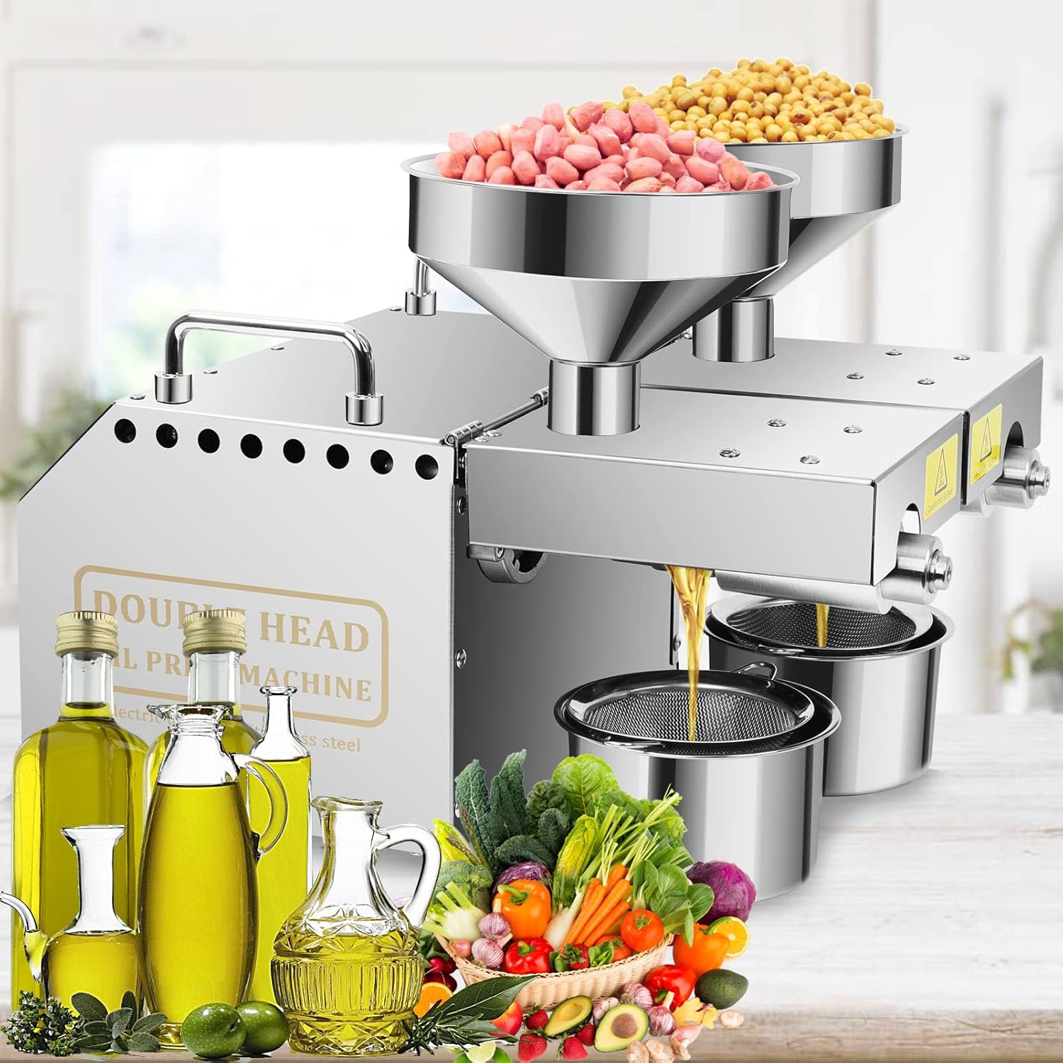 1500W Oil Press Machine with Double Oil Outlets, Automatic Commercial Oil Expeller Extractor Stainless Steel Oil Presser Pressing Mill Maker Machine for Commercial Domestic Use, 110V Silver