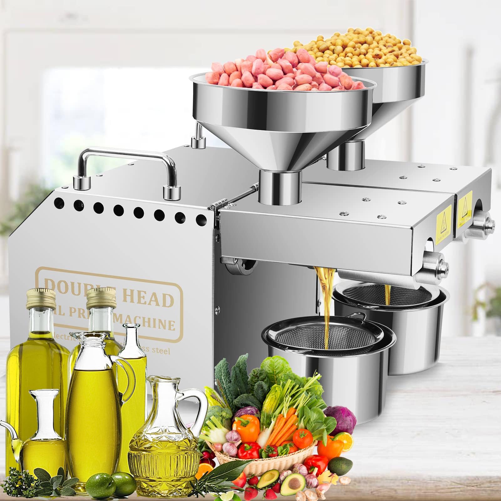 1500W Oil Press Machine with Double Oil Outlets, Automatic Commercial Oil Expeller Extractor Stainless Steel Oil Presser Pressing Mill Maker Machine for Commercial Domestic Use, 110V Silver