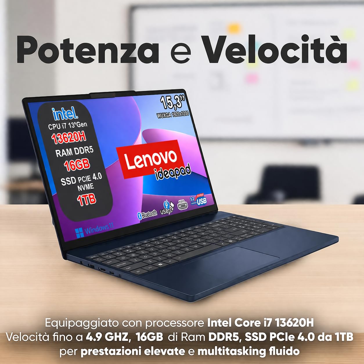 Lenovo Pc Portatile, Notebook i7 13620H, 16GB RAM DDR5, SSD 1TB, Display 15,3" WUXGA IPS, Computer Portatile, Laptop con Win11 Pro, Tastiera Retroilluminata, Ideapad Cosmic Blue EXCLUSIVE EDITION