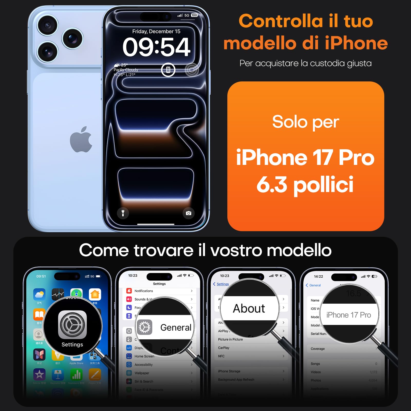 TAURI Cover per iPhone 17 Pro con Pellicola in Vetro Temperato,Protezione Completa della Fotocamera,Trasparente Custodia per Sottile Anticaduta - Blu Stellare