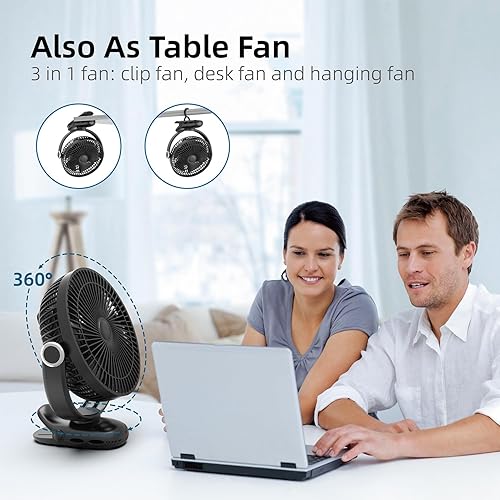 Miniatura 6 de Ventilador portátil recargable de 10000 mAh, 30 horas, ventilador de clip de 8 pulgadas, ventiladores USB, 4 velocidades, fuerte flujo de aire,