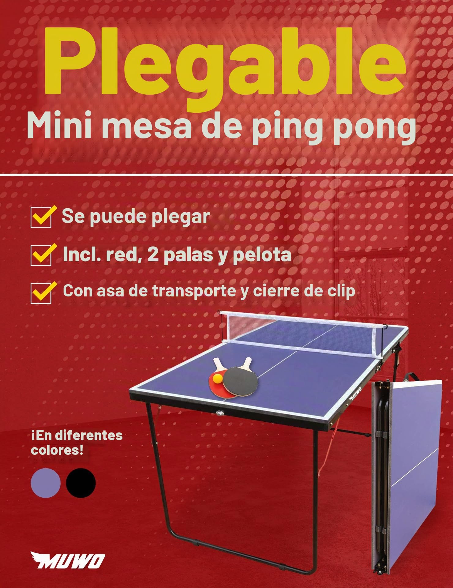 MUWO Mesa de ping pong plegable para interiores, estructura de acero resistente, compacta, con asa de transporte, 137 x 76 cm, incluye red, dos raquetas y pelota de ping pong