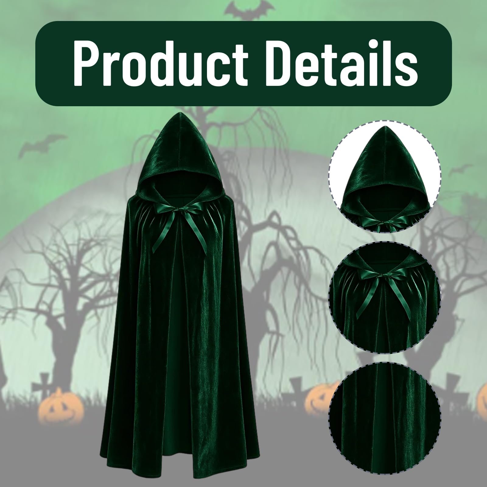 WNXBFO Green Cloak, Unisex Adult Cape for Halloween and Christmas, Medieval Costume Accessory for Role-Playing and Themed Parties, 150 cm/ 59 inch Long - Image 3