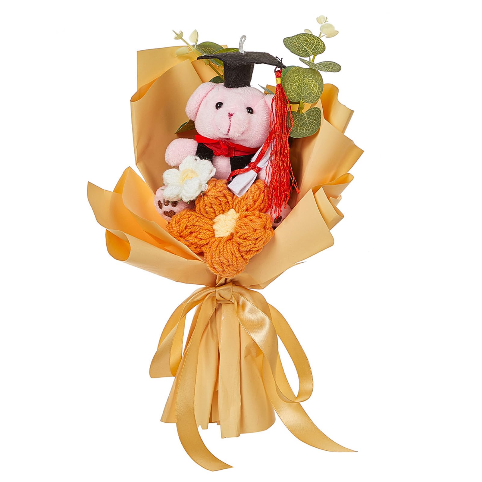 Msioytog 5878 Yellow Flower Bouquets Knitted Flower With Bear For Graduation Mother Day, Artificial Bouquets For Valentines Crochet Graduation Crochet With Bear