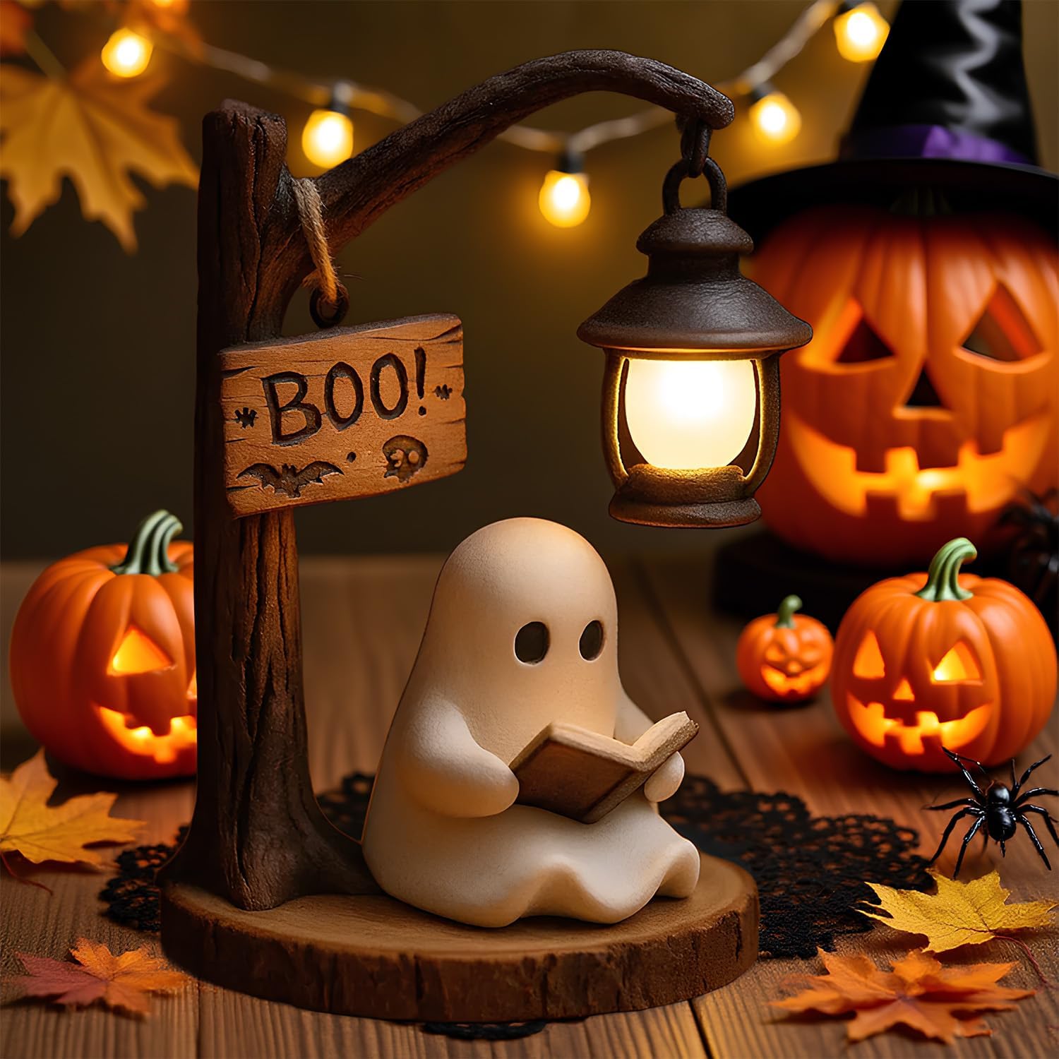 Cute Ghost Reading Lantern - Boo,3D LED Resin Halloween Ghost Reading Book Lamp,Light up Mini Ghosts Figurine,Halloween Night Light,Warm Lighted Ghosts Read Book Lamp for Bedroom Living Room (21cm)