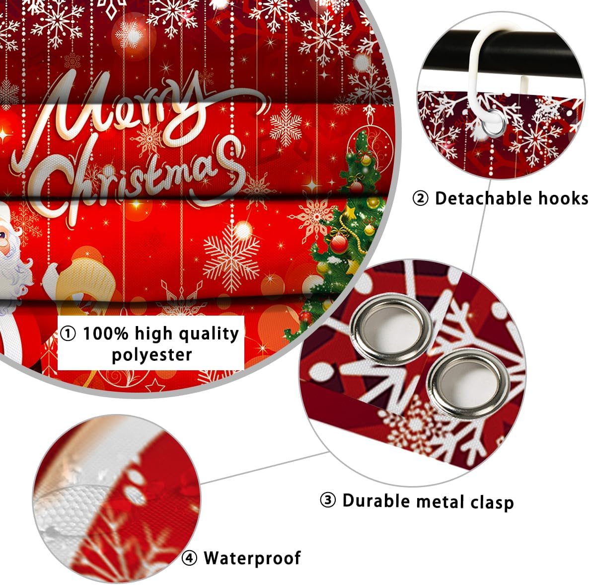 Christmas Bathroom Sets with Shower Curtain and Rugs 4 Pcs, Xmas Bathroom Decor Sets, Christmas Shower Curtain Set with Rugs(Bath Mat,U Shape,Toilet Lid Cover) and Hooks,Gold Santa Claus