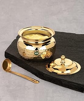 MARU Premium 300ml Hammered Design Brass Ghee Pot with Lid & Spoon –Perfect for Ghee, Oils, and Kitchen Storage – Durable Ghee Container For Kitchen, Design for Stylish and Ritual Use
