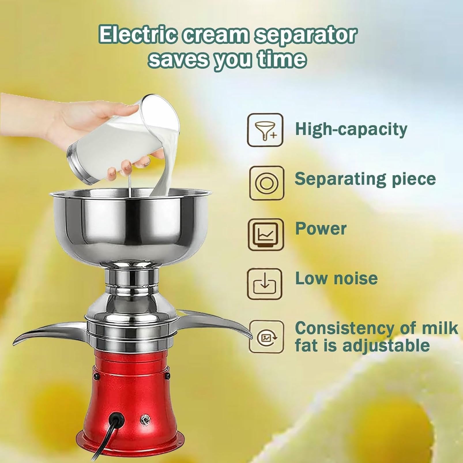 Elektryczny Separator Mleka, Wirówka Do Mleka Koziego I Świeżej Śmietany, Miska 8 L, Podstawa Ze Stali Nierdzewnej 304, 9500 Obr./min, Do Mleka Krowiego, Wielbłądziego I Odtłuszczonego