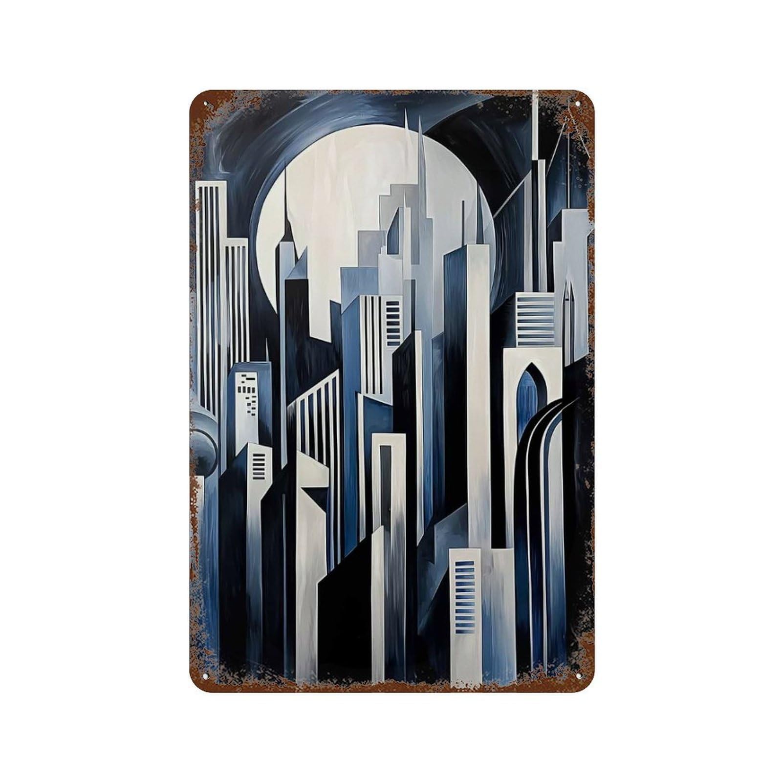 Art Deco Cityscape Rust Effect Tin Sign 11.8"x7.9", Farmhouse Wall Decor for Living Room, Hallway And Home Decor