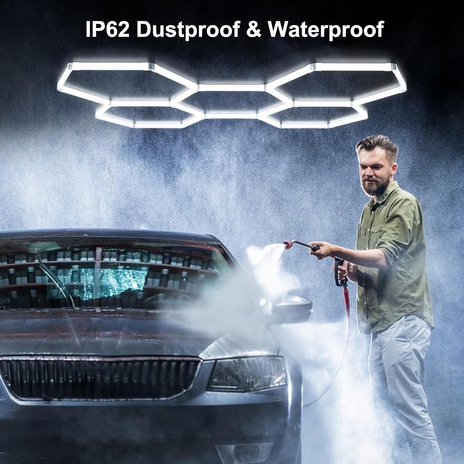 Hexagon LED Shop Lights with 3 Colors (6500K/4000K/3000K), 192W 23040LM Garage Ceiling Lights, IP62 Waterproof, Flicker-Free, Expandable DIY Design for Workshop Garage Gym, 24+1 Pack