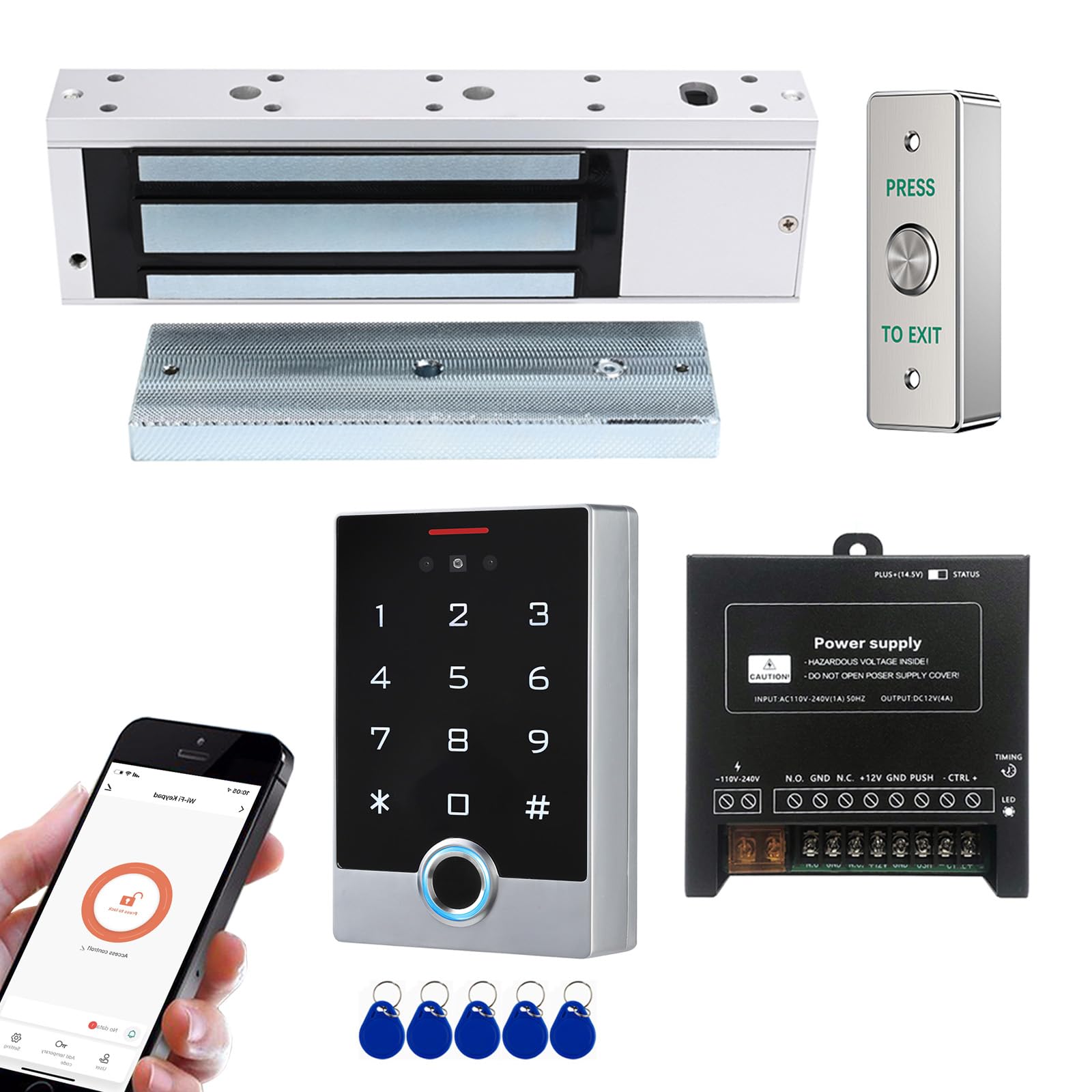 Smart Fingerprint Access Control System Kit mit 544.3 kg Magnetschloss, Tuya App Fernbedienung, Gesichtserkennung, Fingerabdruck, Passwort & RFID ID Card Entriegelung