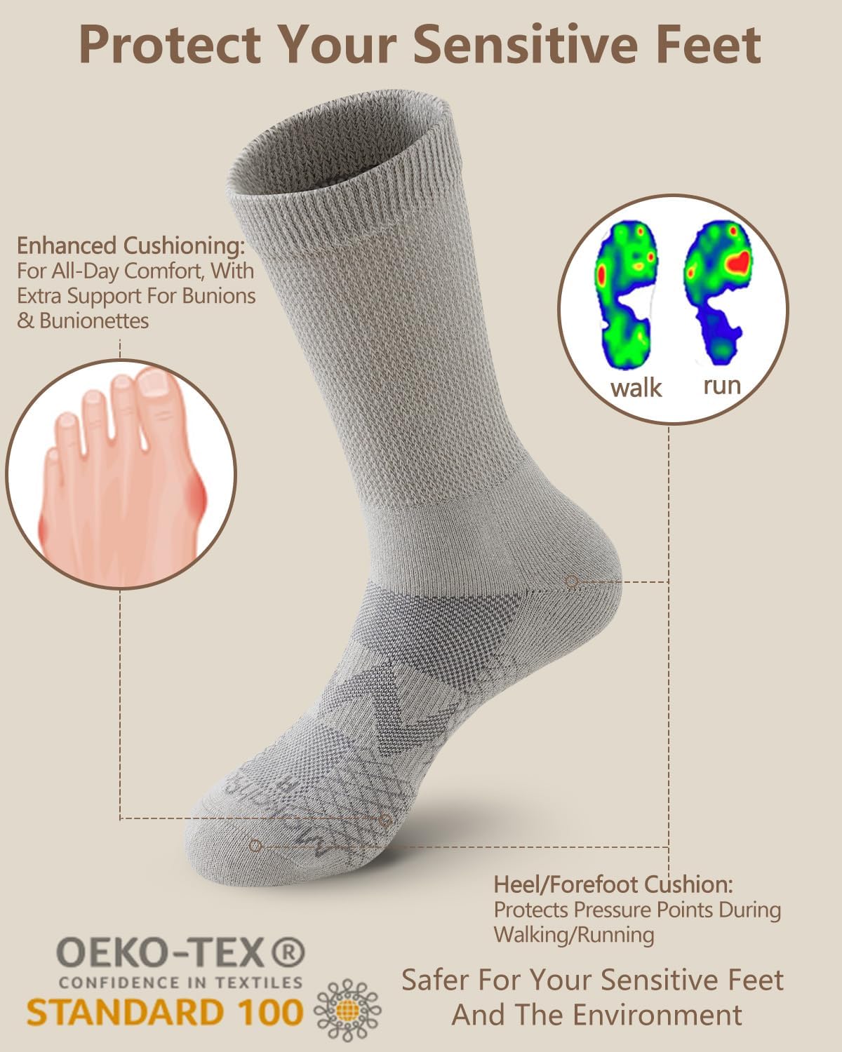 Diabetic Crew Socks for Men Women, COOLMAX LYCRA Moisture-Wicking Non-Binding Socks Neuropathy Sock, 3 Pairs - Image 6