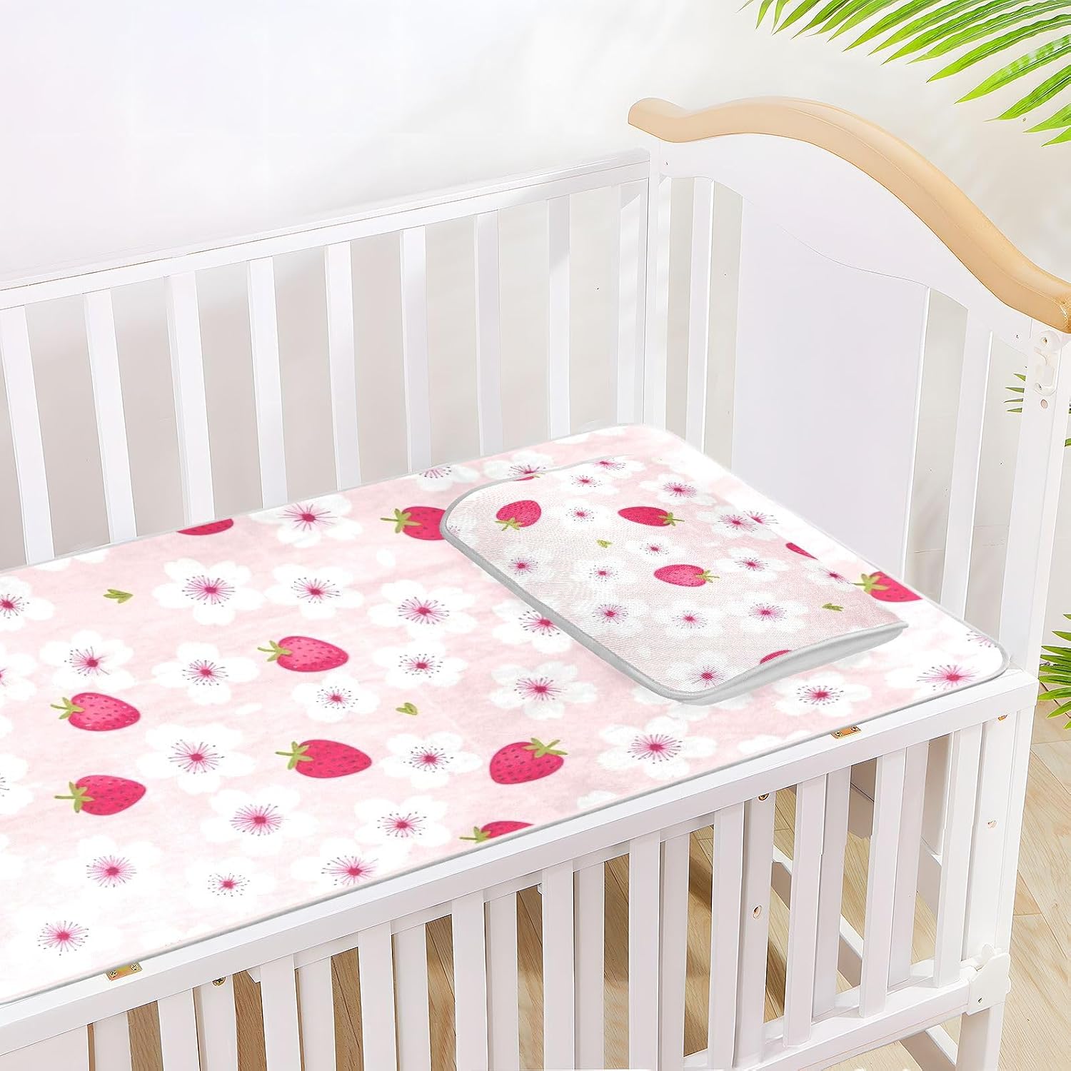 Pink Flowers and Strawberry Cooling Baby Waterproof Crib Mattress Protector 28" x 52" Ultra Soft Training Pads for Baby&Toddler