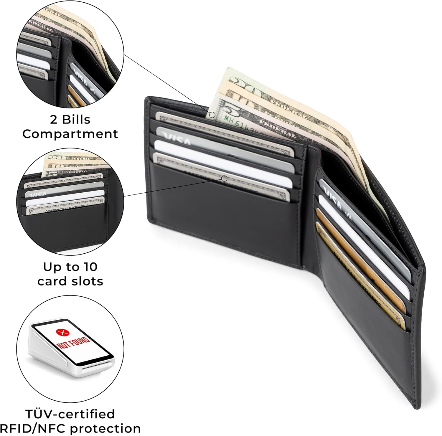 BERLINER BAGS Premium Genuine Leather Wallet for Men Lincoln, RFID Blocking, Bifold, Front Pocket Slim Wallet, 10 Card Holder, 2 Bills Compartment, 1 Gift Box - Black - Image 4