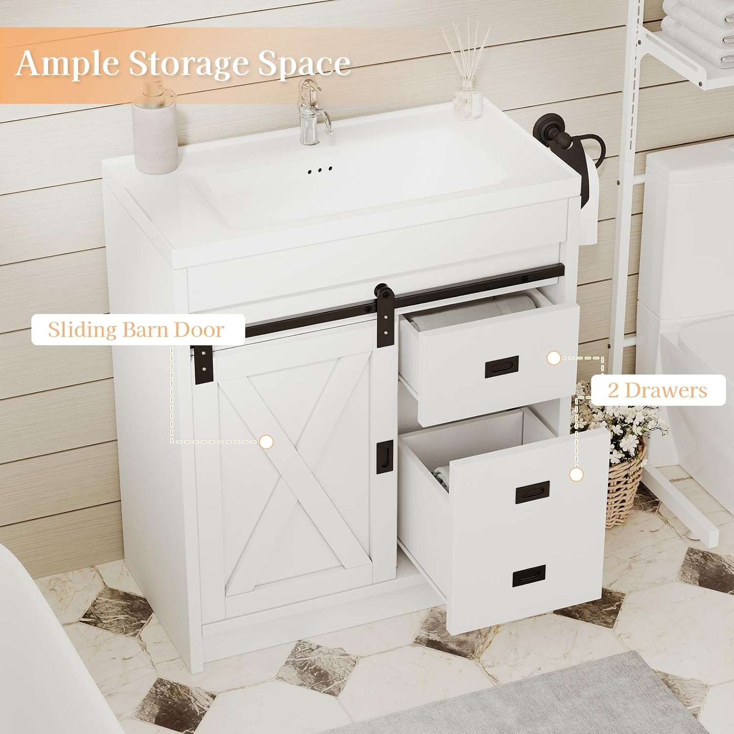 4ever2buy 30" Farmhouse Bathroom Vanity with Sink, Small White Bathroom Vanity Cabinet with 2 Drawers & Sliding Barn Door, White