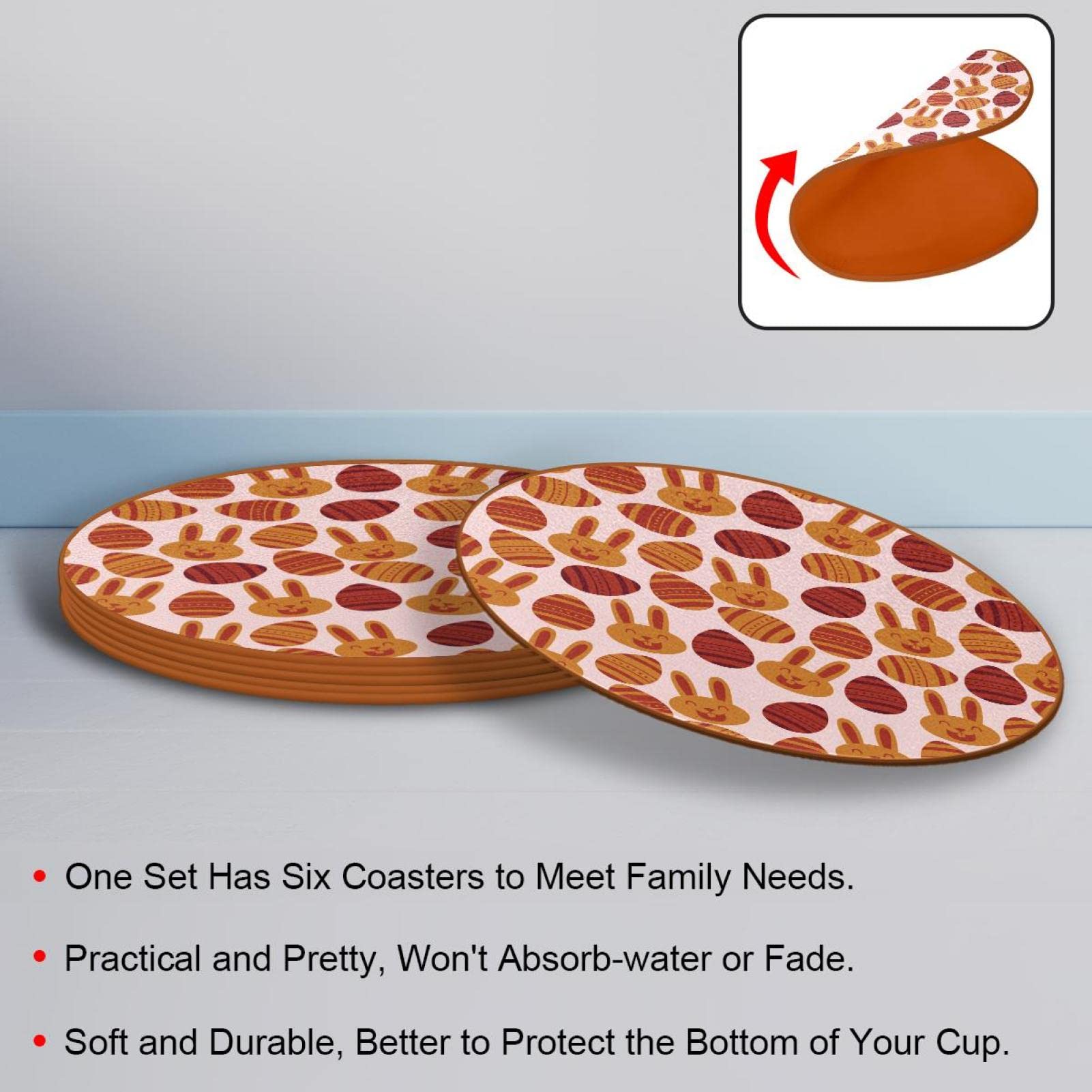 Platte Happy Paashaas ei lederen onderzetters, antislip ontwerp ronde onderzetter mat beker pad voor koffiebar houten tafel meubelbescherming, 6 stuks