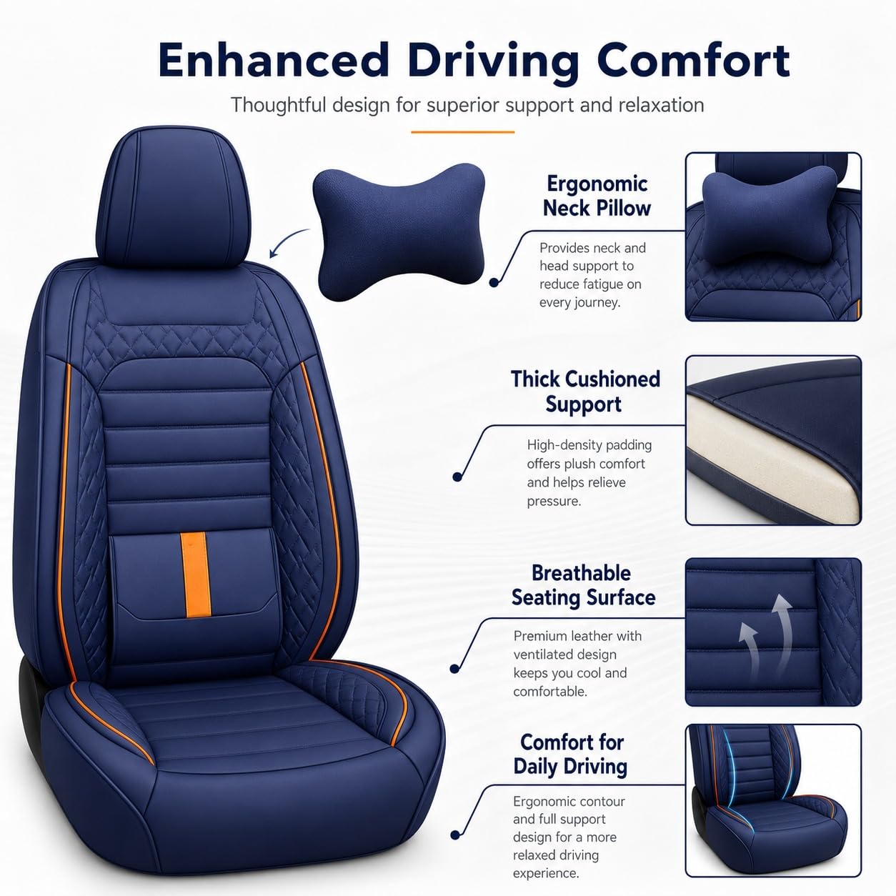 Juego completo de fundas de asiento de coche de piel sintética transpirable para asientos delanteros y traseros, incluye reposacabezas, reduce la fatiga del conductor, se adapta a la mayoría de los
